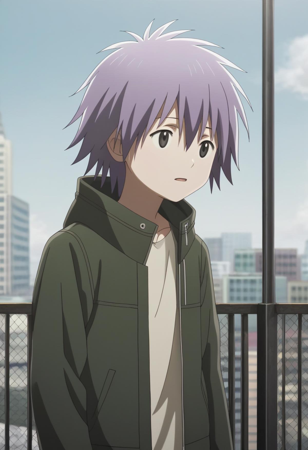 score_9, score_8_up, score_7_up, score_6_up, highly detailed, masterpiece, best quality,detailed,intricate details, amazing quality, best aesthetic, absurdres,source_anime, lui_kd, purple hair, black eyes, 1boy, male focus, solo, jacket, green jacket, shirt, hood, white shirt<lora:EMS-398506-EMS:1.000000>