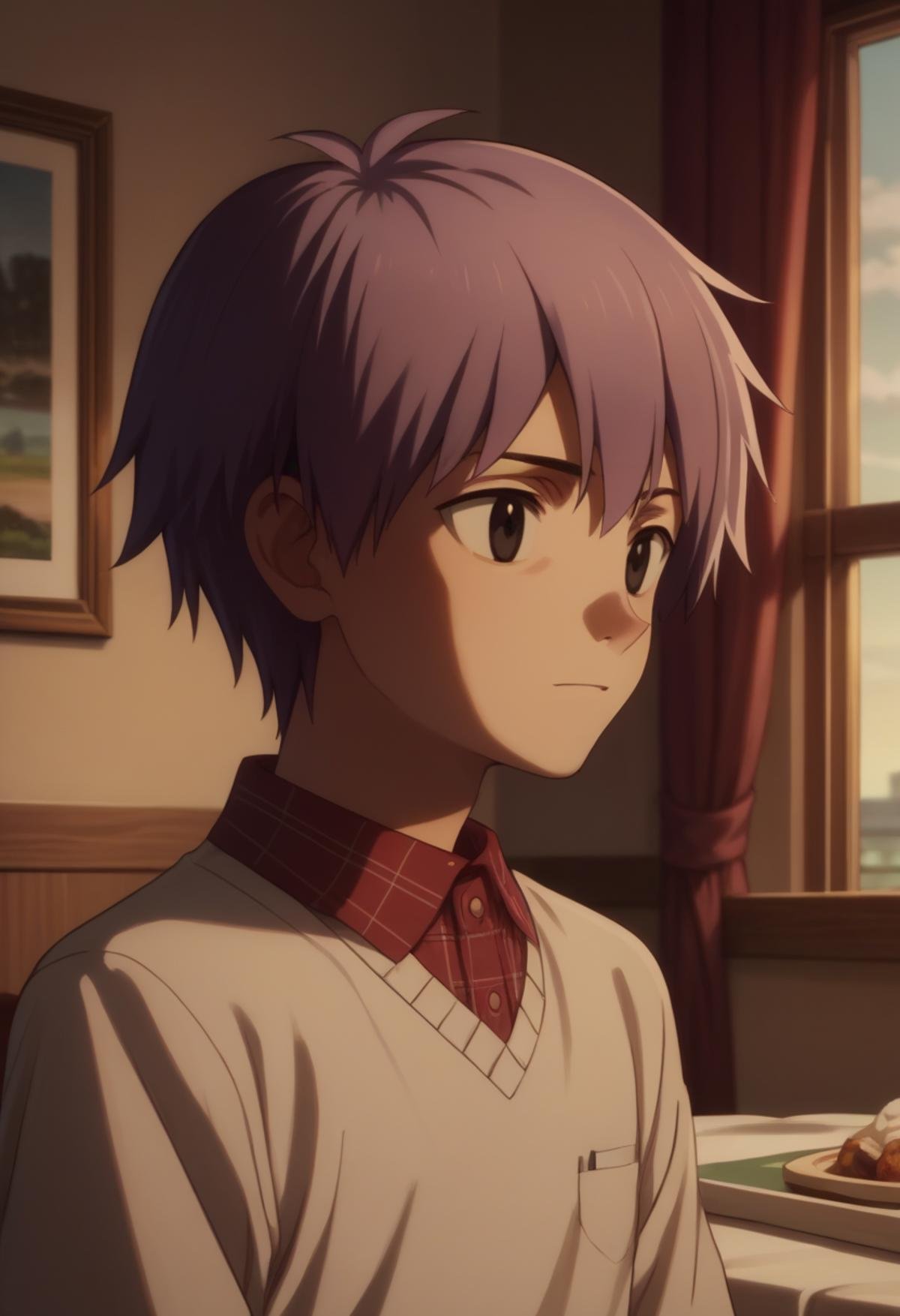 score_9, score_8_up, score_7_up, score_6_up, highly detailed, masterpiece, best quality,detailed,intricate details, amazing quality, best aesthetic, absurdres,source_anime, lui_yg, purple hair, black eyes, 1boy, male focus, solo shirt<lora:EMS-398506-EMS:1.000000>