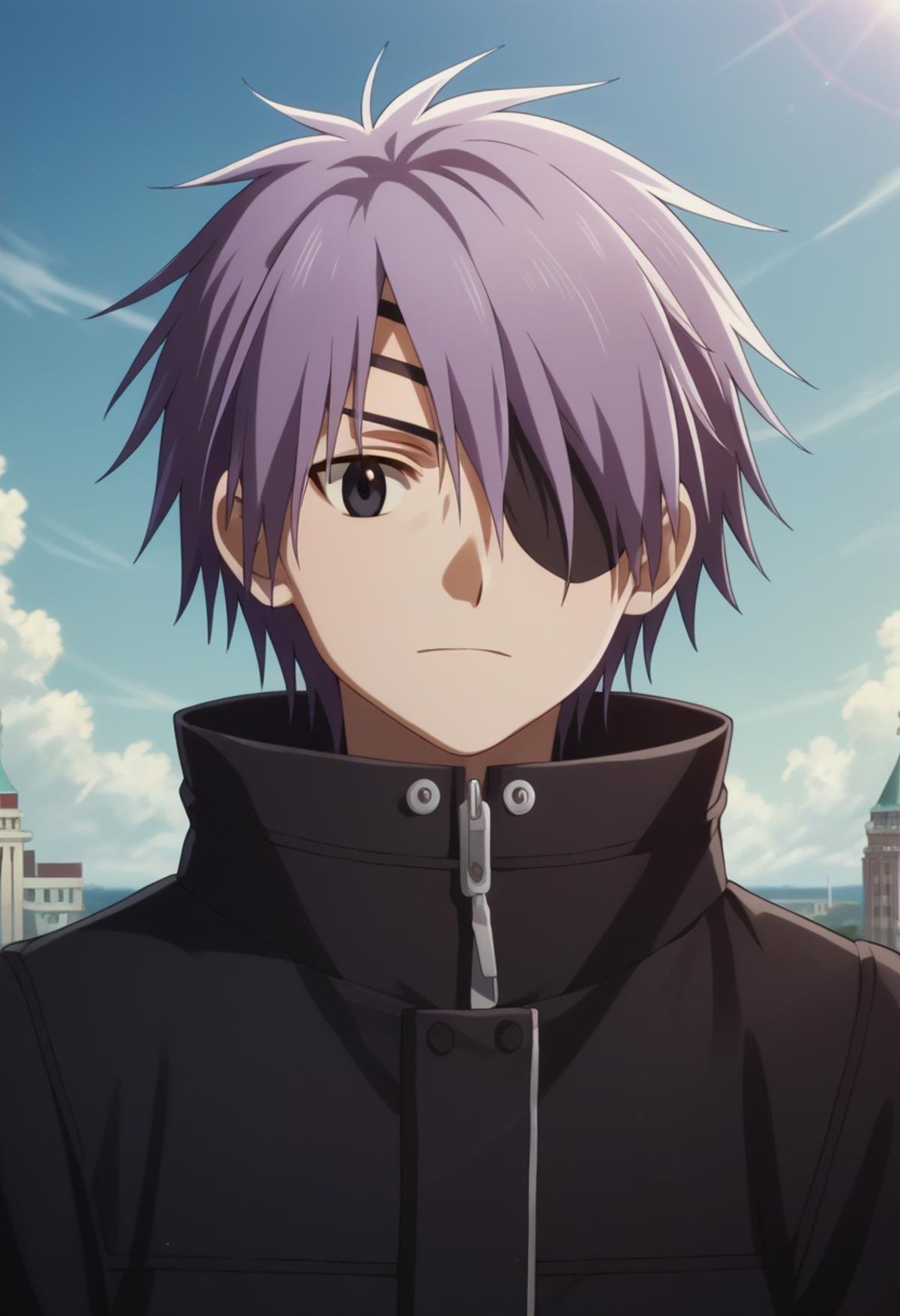 score_9, score_8_up, score_7_up, score_6_up, highly detailed, masterpiece, best quality,detailed,intricate details, amazing quality, best aesthetic, absurdres,source_anime, lui_ohwada, purple hair, black eyes, 1boy, solo, male focus, eyepatch, black coat<lora:EMS-398506-EMS:1.000000>