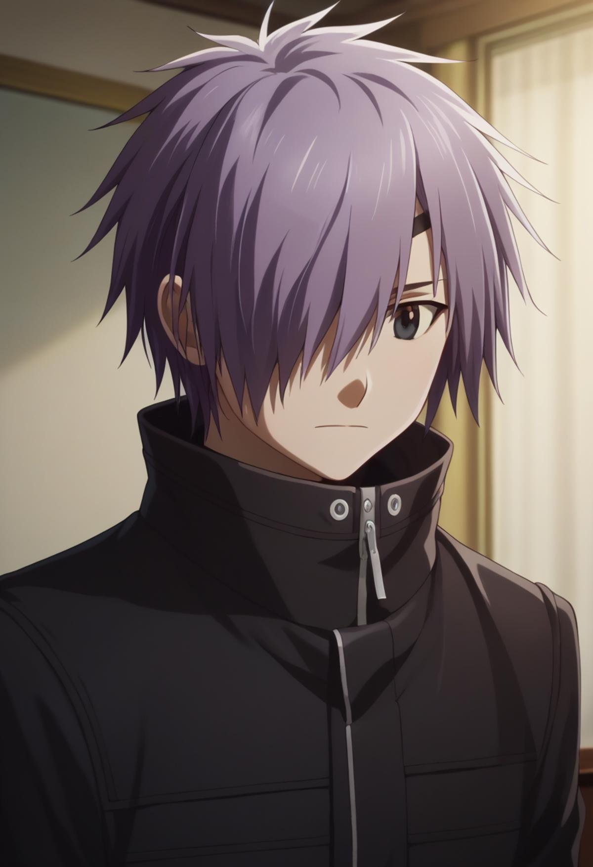 score_9, score_8_up, score_7_up, score_6_up, highly detailed, masterpiece, best quality,detailed,intricate details, amazing quality, best aesthetic, absurdres,source_anime, lui_ohwada, purple hair, black eyes, 1boy, solo, male focus, hair over one eye, black coat<lora:EMS-398506-EMS:1.000000>