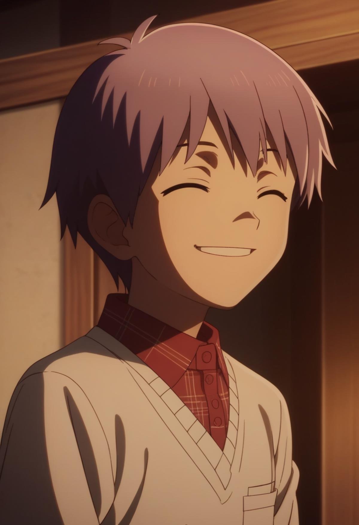 score_9, score_8_up, score_7_up, score_6_up, highly detailed, masterpiece, best quality,detailed,intricate details, amazing quality, best aesthetic, absurdres,source_anime, lui_yg, purple hair, black eyes, 1boy, male focus, smile, solo, closed eyes, shirt<lora:EMS-398506-EMS:1.000000>