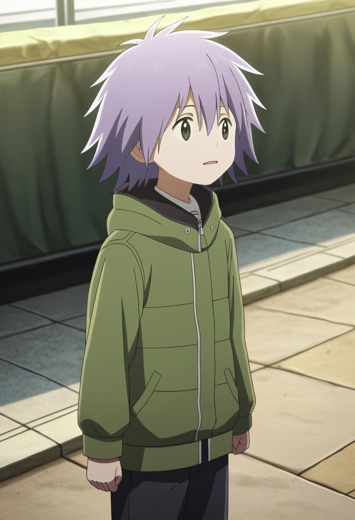 score_9, score_8_up, score_7_up, score_6_up, highly detailed, masterpiece, best quality,detailed,intricate details, amazing quality, best aesthetic, absurdres,source_anime, lui_kd, purple hair, black eyes, 1boy, male focus, solo, jacket, green jacket, shirt, hood, white shirt<lora:EMS-398506-EMS:1.000000>