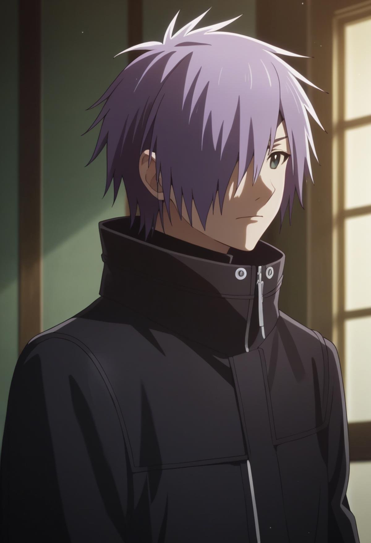 score_9, score_8_up, score_7_up, score_6_up, highly detailed, masterpiece, best quality,detailed,intricate details, amazing quality, best aesthetic, absurdres,source_anime, lui_ohwada, purple hair, black eyes, 1boy, solo, male focus, hair over one eye, black coat<lora:EMS-398506-EMS:1.000000>