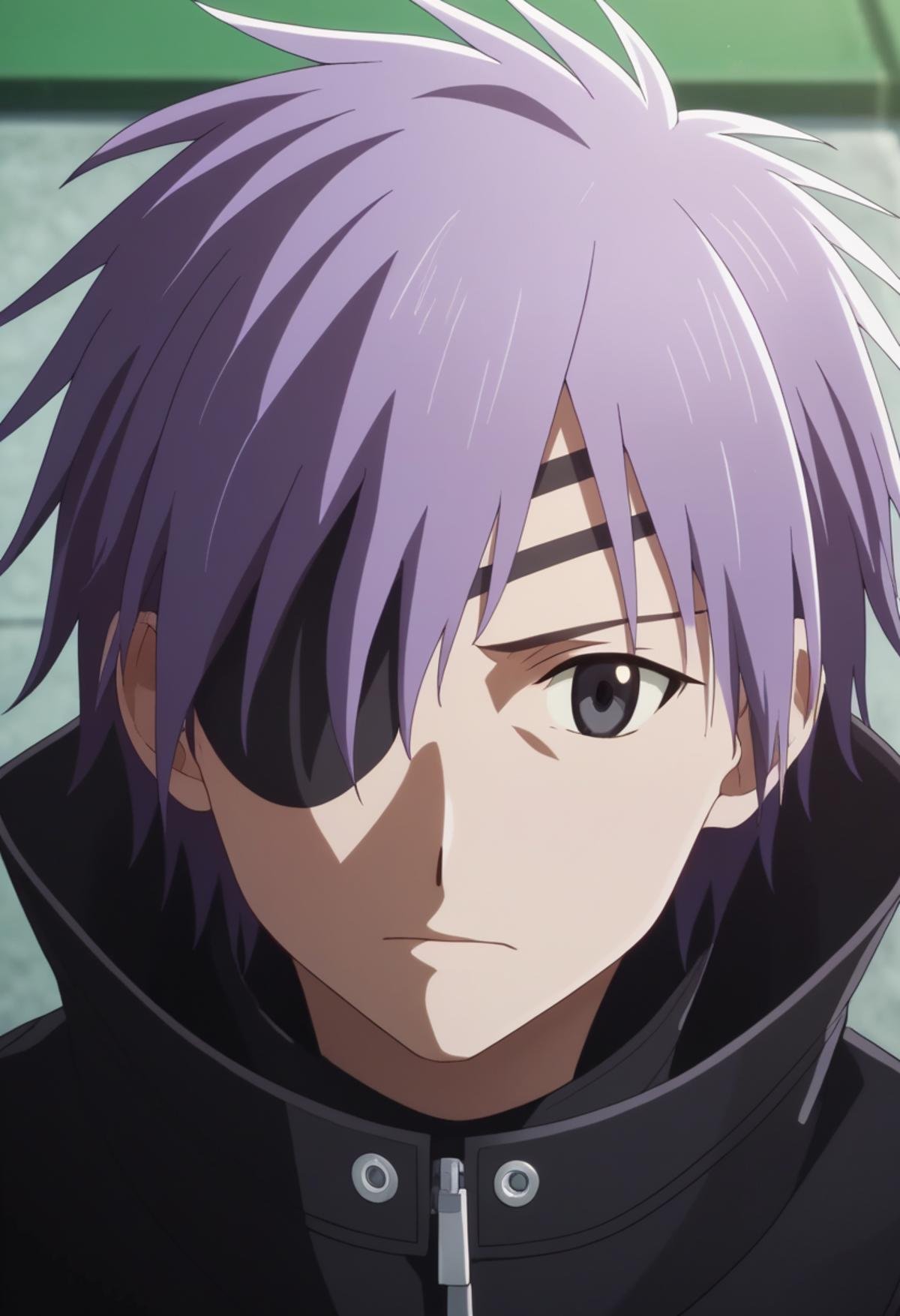 score_9, score_8_up, score_7_up, score_6_up, highly detailed, masterpiece, best quality,detailed,intricate details, amazing quality, best aesthetic, absurdres,source_anime, lui_ohwada, purple hair, black eyes, 1boy, solo, male focus, eyepatch, black coat<lora:EMS-398506-EMS:1.000000>