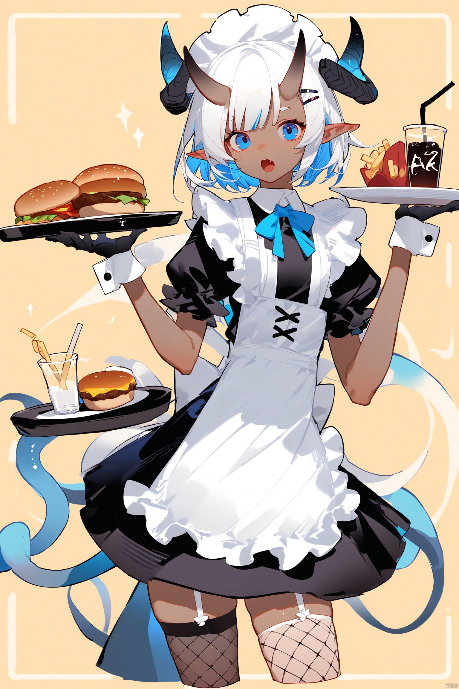  ask (askzy),1girl,transparent,plain,1girl, solo, looking at viewer, short hair, open mouth, blue eyes, simple background, hair ornament, thighhighs, gloves, dress, holding, blue hair, tail, white hair, short sleeves, multicolored hair, frills, food, horns, pointy ears, black gloves, hairclip, puffy sleeves, dark skin, apron, collar, two-tone hair, dark-skinned female, cup, puffy short sleeves, wrist cuffs, maid, maid headdress, colored skin, garter straps, monster girl, single thighhigh, fishnets, yellow background, tentacles, cropped legs, tray, oni horns, drinking straw, colored inner hair, holding tray, fishnet thighhighs, burger, french fries