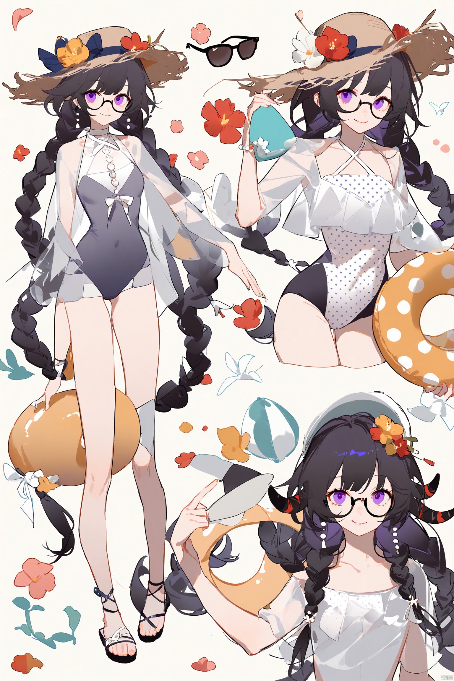  ask (askzy),1girl,transparent,plain,1girl, long hair, looking at viewer, smile, black hair, hat, ribbon, jewelry, very long hair, standing, purple eyes, swimsuit, braid, flower, horns, glasses, shorts, twin braids, see-through, one-piece swimsuit, multiple views, sandals, sunglasses, polka dot, innertube, straw hat, hat flower, reference sheet, holding innertube