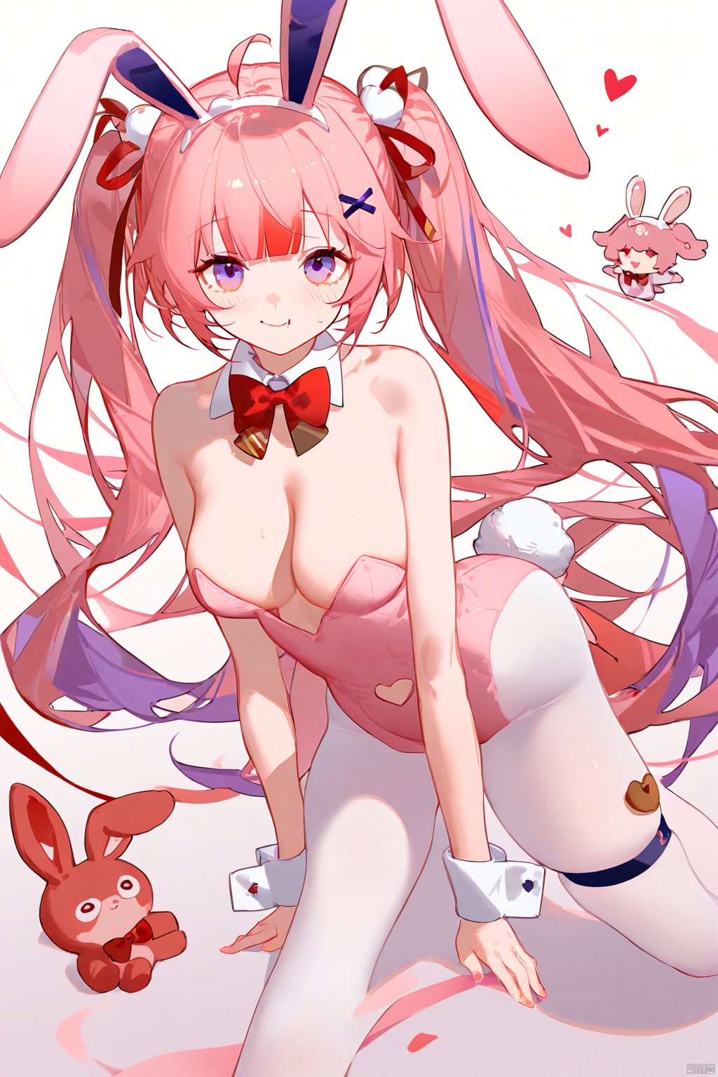  ask (askzy),1girl,the face,basic_background,nsfw,Topless, breasts,
ultra-detailed,best quality,(masterpiece),1girl, solo, long hair, breasts, looking at viewer, blush, smile, bangs, hair ornament, bow, ribbon, animal ears, bare shoulders, twintails, medium breasts, very long hair, closed mouth, purple eyes, tail, hair ribbon, pink hair, purple hair, ahoge, heart, pantyhose, multicolored hair, virtual youtuber, blunt bangs, bowtie, rabbit ears, red bow, leotard, wrist cuffs, clothing cutout, thigh strap, detached collar, fake animal ears, stuffed toy, playboy bunny, stuffed animal, x hair ornament, rabbit tail,fake tail, heart cutout,1 Girl, sex, Nsfw, (nude), lewd lines, Love eyes, leg stretch, splayed legs, blushing, drool, Lewd, female solo, whole body, long hair, chest, chase, Chase audience, blush, bangs, big chest, cleavage, off shoulder, Miku,transparent,plain