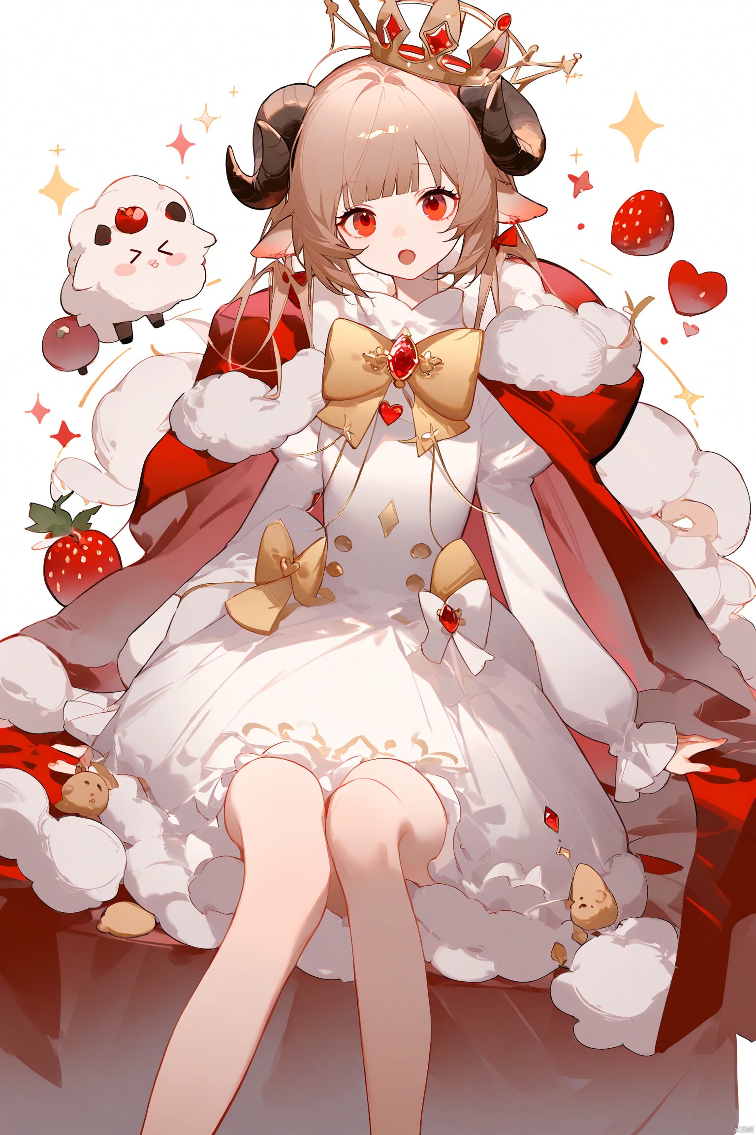  ask (askzy),1girl,transparent,plain,1girl, solo, looking at viewer, open mouth, bangs, red eyes, long sleeves, hat, white background, dress, bow, ribbon, animal ears, jewelry, heart, food, horns, puffy sleeves, bowtie, cape, fur trim, sparkle, fruit, feet out of frame, crown, > <, gem, red cape, sheep horns, fur-trimmed cape, sheep ears