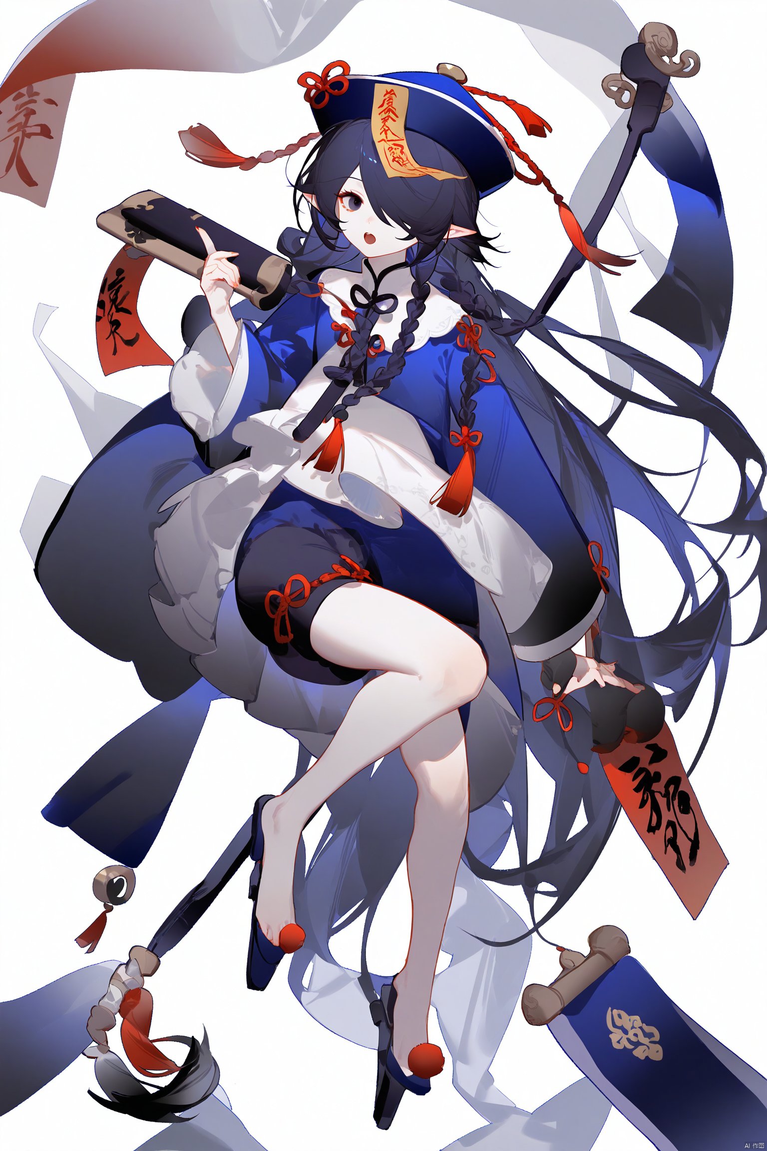  ask (askzy),1girl,transparent,plain,1girl, solo, long hair, looking at viewer, open mouth, simple background, black hair, long sleeves, hat, white background, holding, very long hair, full body, braid, shorts, pointy ears, wide sleeves, hair over one eye, black eyes, pale skin, blue headwear, paintbrush, scroll, jiangshi, calligraphy brush, talisman, holding paintbrush, holding brush