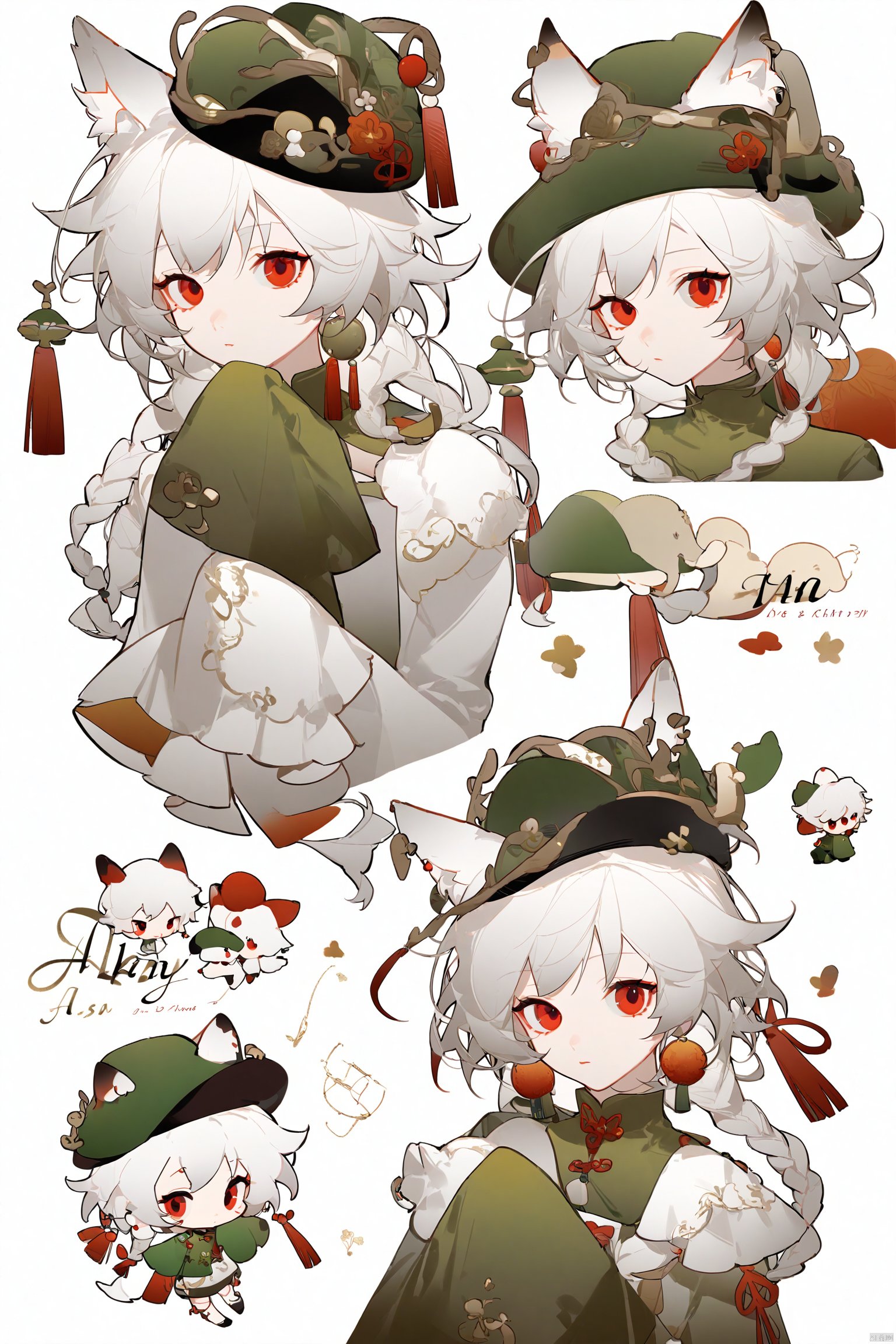  ask (askzy),1girl,transparent,plain,1girl, long hair, looking at viewer, simple background, red eyes, long sleeves, 1boy, hat, white background, animal ears, jewelry, braid, white hair, earrings, chibi, character name, sleeves past wrists, multiple views, tassel, sleeves past fingers, green headwear