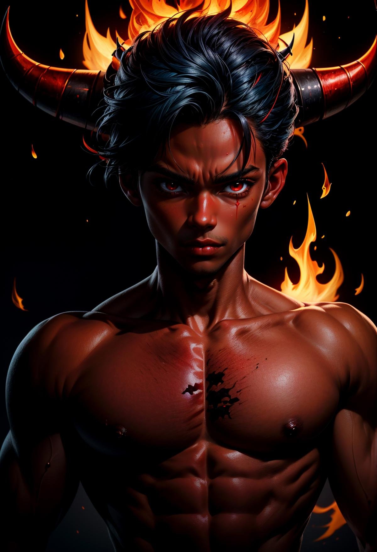 1boy, solo, ((half body shot, upper body)), Hell, Satan, ((colored skin, red skin)), muscles, horns, flames, ((frontal view, facing viewer, looking at viewer)), intricate, absurdres, highest quality, extremely detailed, immaculate, epic, masterpiece, RAW photograph, <lora:add_detail:0.9> 