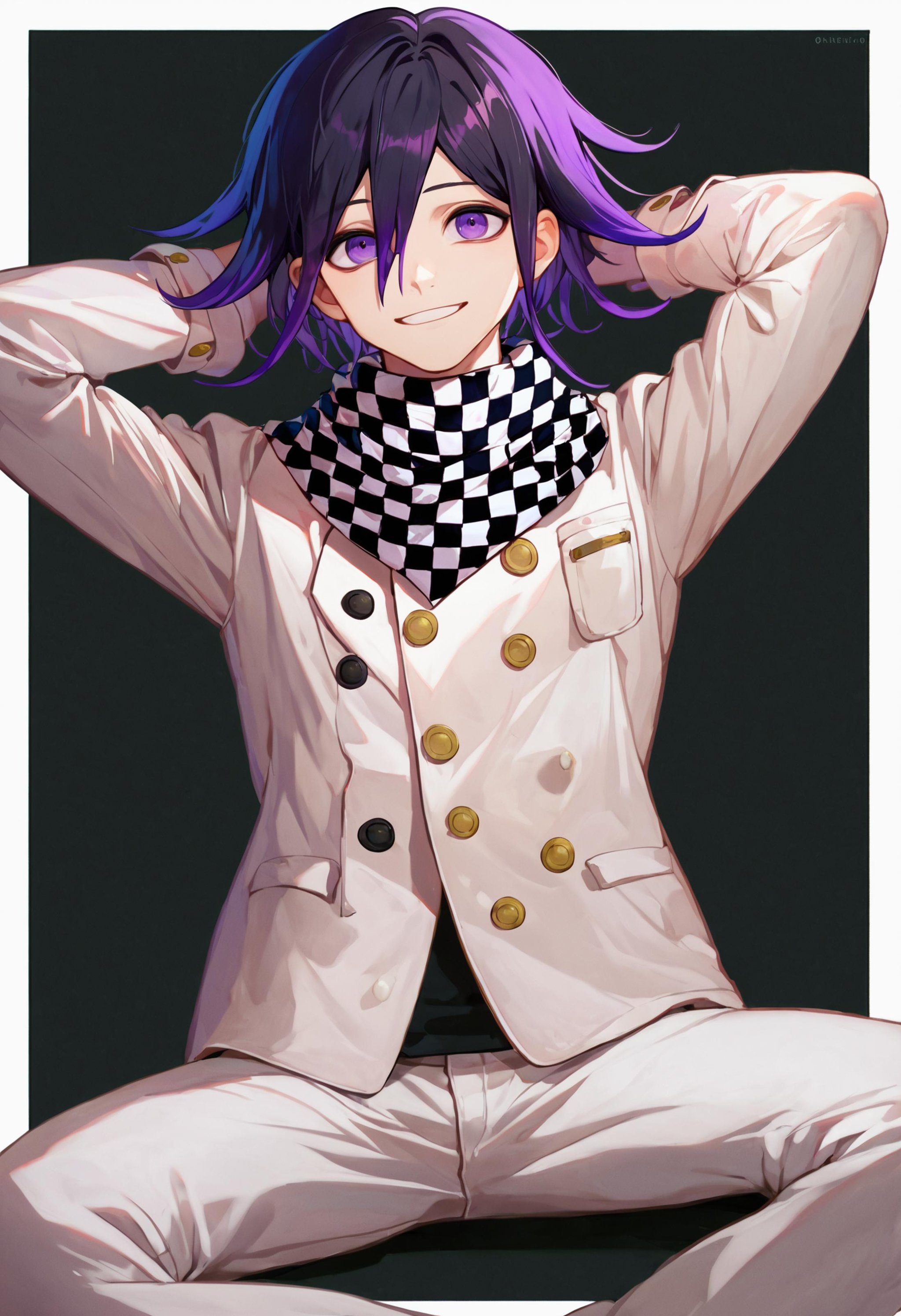 score_9_up score_8_up score_7_up, looking at viewer, smile, arms behind head, sittingBREAKscore_9_up score_8_up score_7_up, oma kokichi default, 1boy, purple eyes, hair between eyes, bangs, black hair, medium hair, purple hair, checkered clothes, checkered scarf, scarf, buttons, jacket, pants, long sleeves, straitjacket, white pants, white jacket, grey jacket <lora:danganranpa_v3_pony_d16:1>