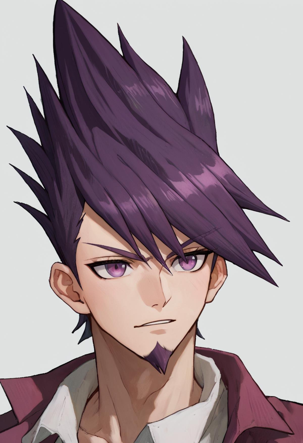 score_9_up score_8_up score_7_up, portrait, simple backgroundBREAKscore_9_up score_8_up score_7_up, momota kaito, 1boy, facial hair, goatee, spiked hair, purple eyes, purple hair, bangs, short hair, beard <lora:danganranpa_v3_pony_d16:1>