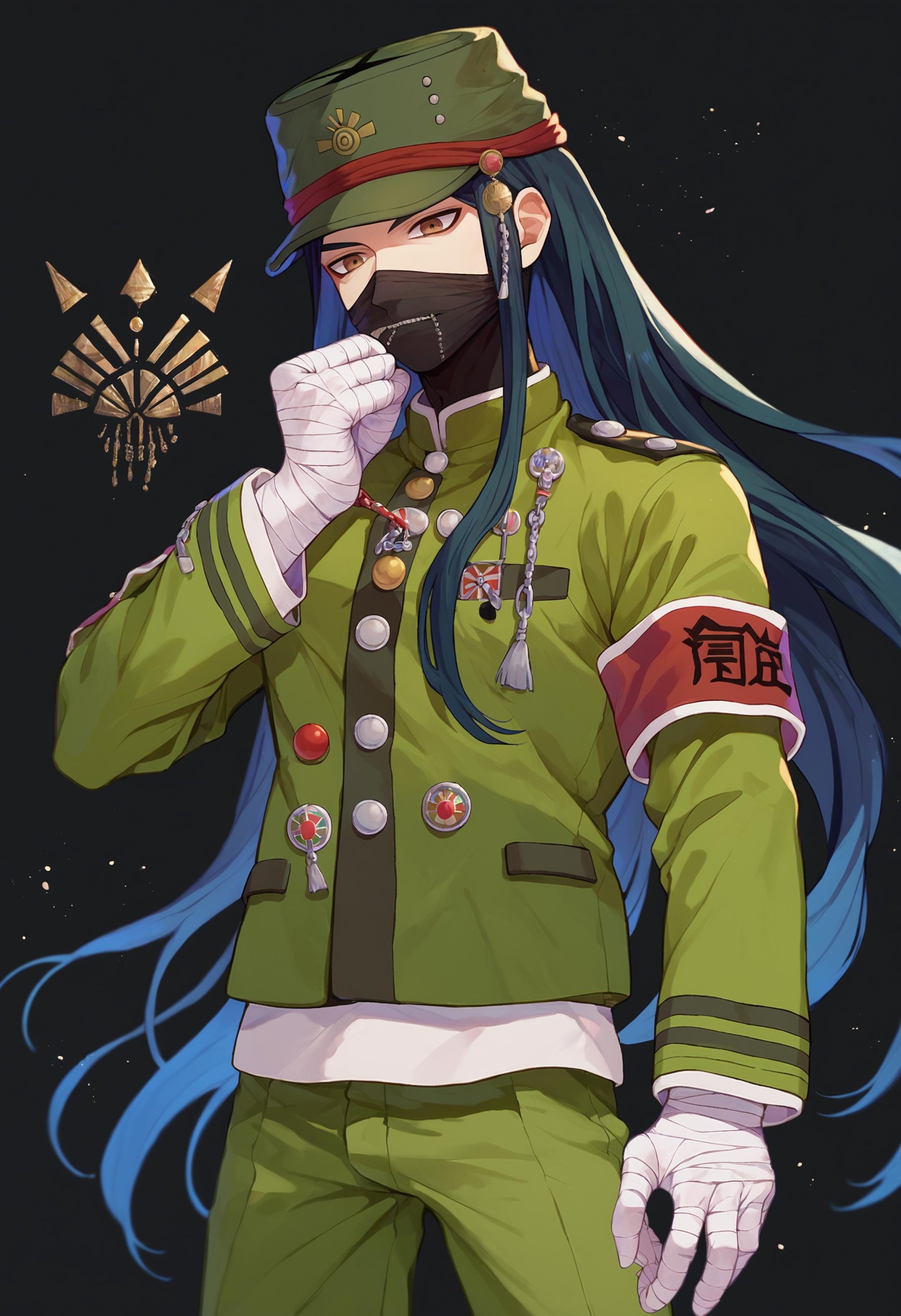 score_9_up score_8_up score_7_up, standing, black backgroundBREAKshinguji korekiyo default, 1boy, long hair, mask, black hair, brown eyes, mouth mask, bandages, bandaged hand, jacket, peaked cap, hat, green headwear, school uniform, armband, pants, long sleeves, green jacket, gakuran, green pants <lora:danganranpa_v3_pony_d16:1>