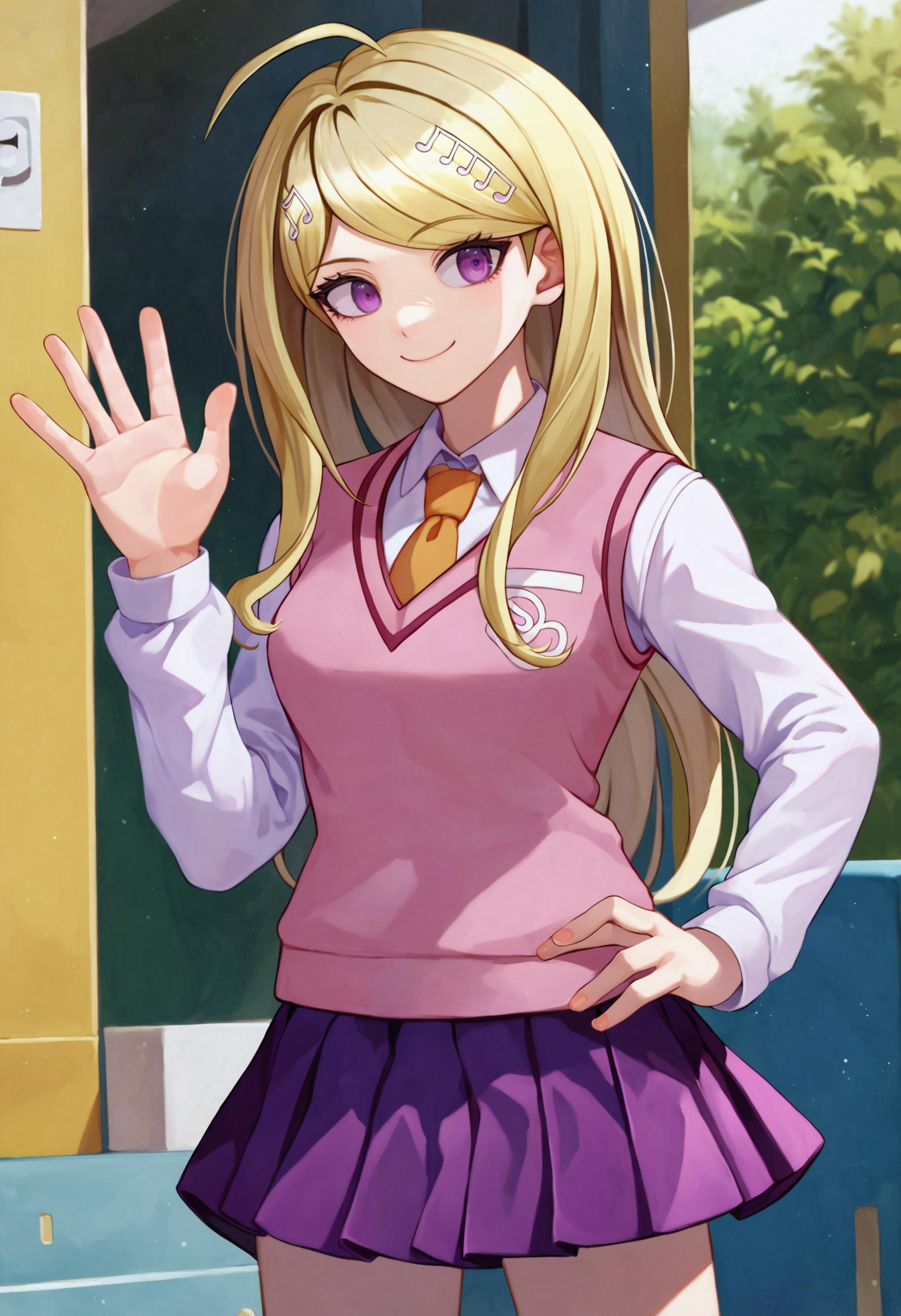 score_9_up score_8_up score_7_up, 1girl, smile, waving, hand on hipBREAKakamatsu kaede default, 1girl, musical note hair ornament, blonde hair, purple eyes, long hair, bangs, ahoge, skirt, shirt, necktie, sweater vest, long sleeves, pleated skirt, white shirt, collared shirt, pink vest, vest, school uniform, purple skirt <lora:danganranpa_v3_pony_d16:1>