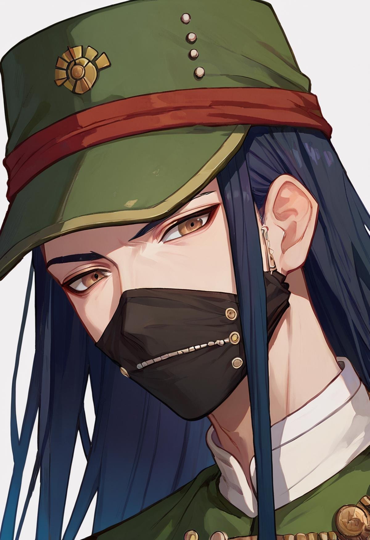 score_9_up score_8_up score_7_up, portrait, simple backgroundBREAKscore_9_up score_8_up score_7_up, shinguji korekiyo, 1boy, long hair, mask, black hair, brown eyes, mouth mask,peaked cap, hat, green headwear <lora:danganranpa_v3_pony_d16:1>