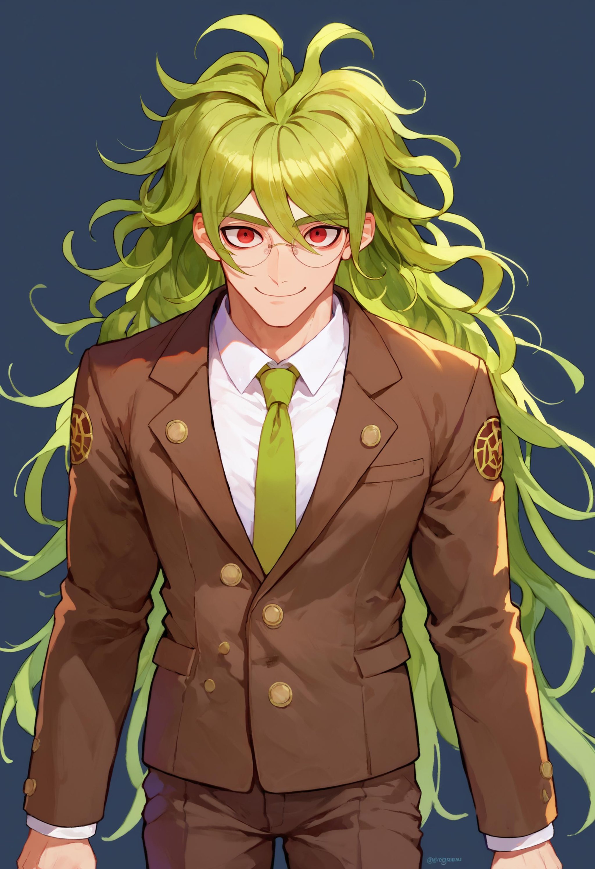 score_9_up score_8_up score_7_up, looking at viewer, smile, simple backgroundBREAKscore_9_up score_8_up score_7_up, gokuhara gonta default, 1boy, round eyewear, long hair, green hair, bangs, messy hair, red eyes, necktie, jacket, shirt, brown jacket, collared shirt, green necktie, long sleeves, pants, white shirt, brown pants, buttons <lora:danganranpa_v3_pony_d16:1>