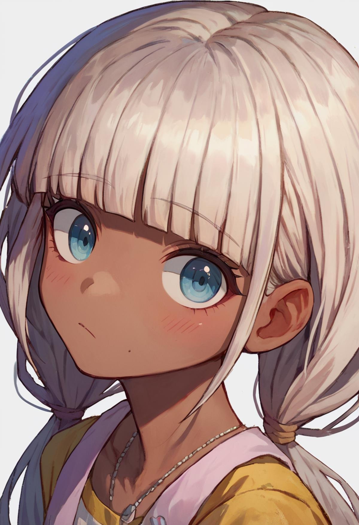 score_9_up score_8_up score_7_up, portrait, simple backgroundBREAKscore_9_up score_8_up score_7_up, yonaga angie, 1girl, bangs, long hair, grey hair, dark skin, dark-skinned female, twintails, blue eyes, blunt bangs, low twintails white hair <lora:danganranpa_v3_pony_d16:1>