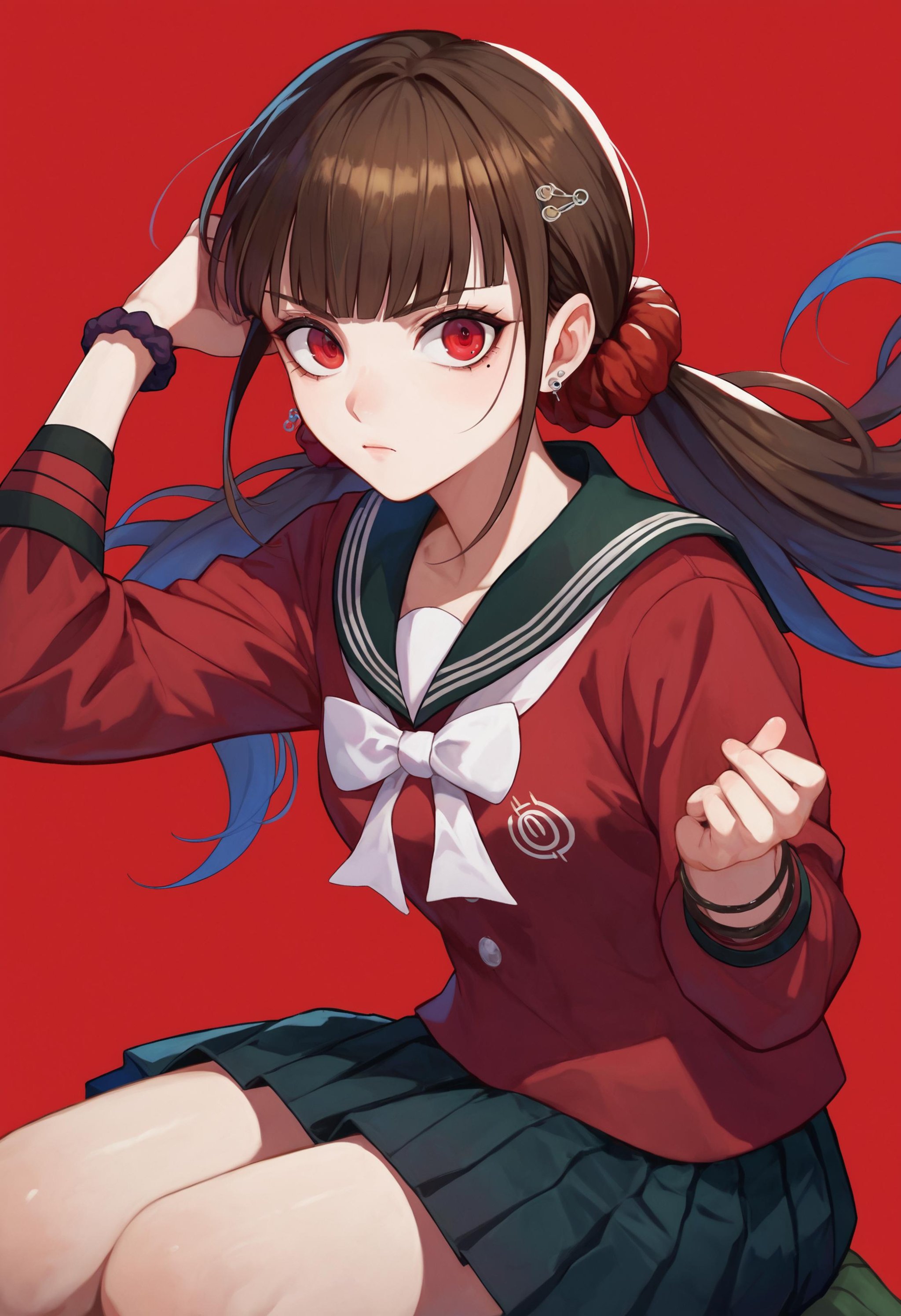 score_9_up score_8_up score_7_up, simple background, red background, looking at viewer, sittingBREAKscore_9_up score_8_up score_7_up, harukawa maki default, 1girl, long hair, red eyes, bangs, twintails, scrunchie, hair ornament, red scrunchie, mole under eye, mole, hair scrunchie, low twintails, earrings, brown hair, black hair, blunt bangs, skirt, black skirt, pleated skirt, shirt, red shirt, sailor collar, school uniform, long sleeves, jewelry, serafuku, bow, bowtie, bracelet, black sailor collar <lora:danganranpa_v3_pony_d16:1>