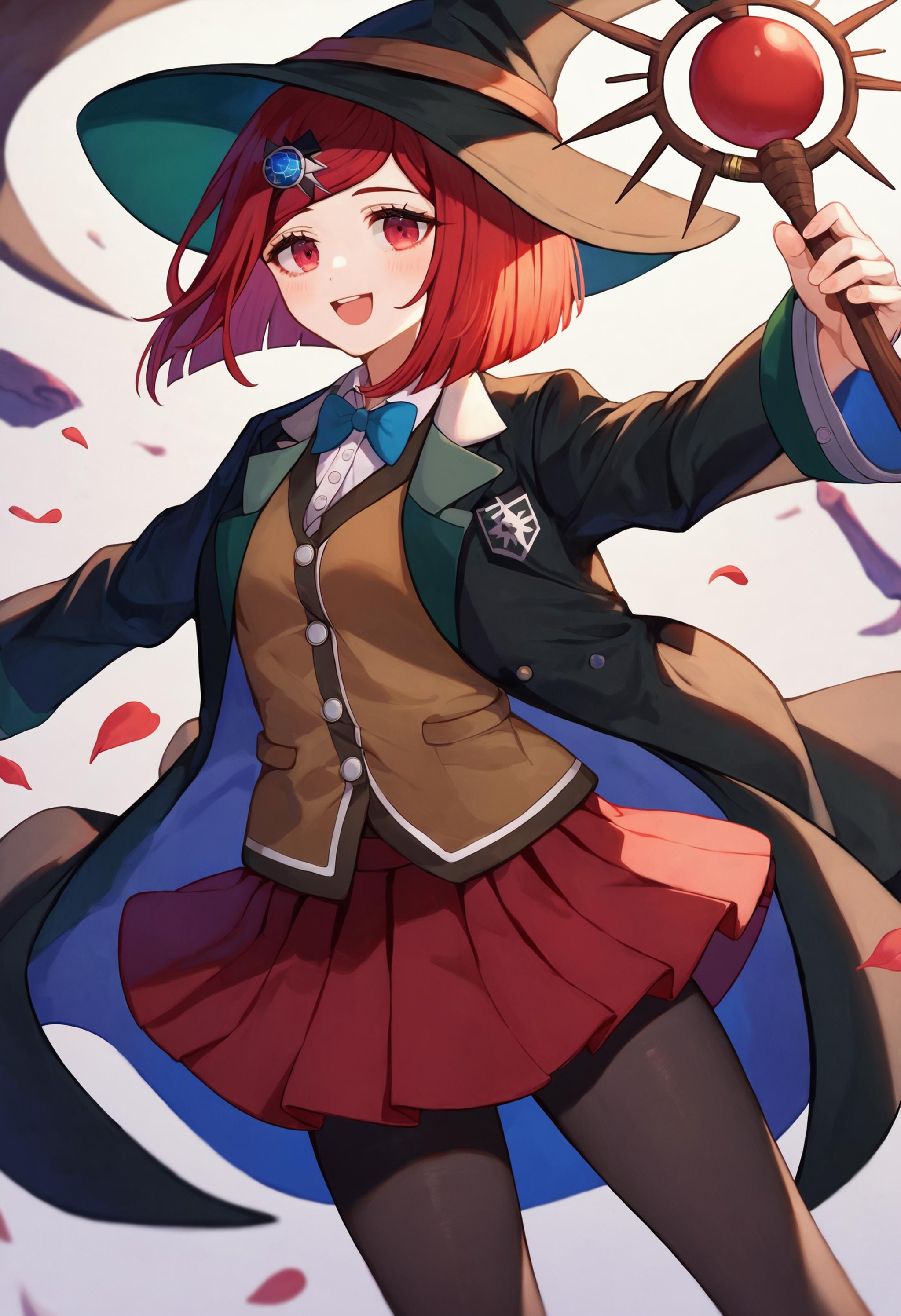 score_9_up score_8_up score_7_up, smile, holding, staffBREAKyumeno himiko default, 1girl, hair ornament, short hair, red hair, hairclip, red eyes, skirt, witch hat, pantyhose, jacket, hat, bangs, shirt, pleated skirt, red skirt, black jacket, open clothes, collared shirt, long sleeves, brown vest, open jacket, vest, black pantyhose, black headwear, dress shirt <lora:danganranpa_v3_pony_d16:1>