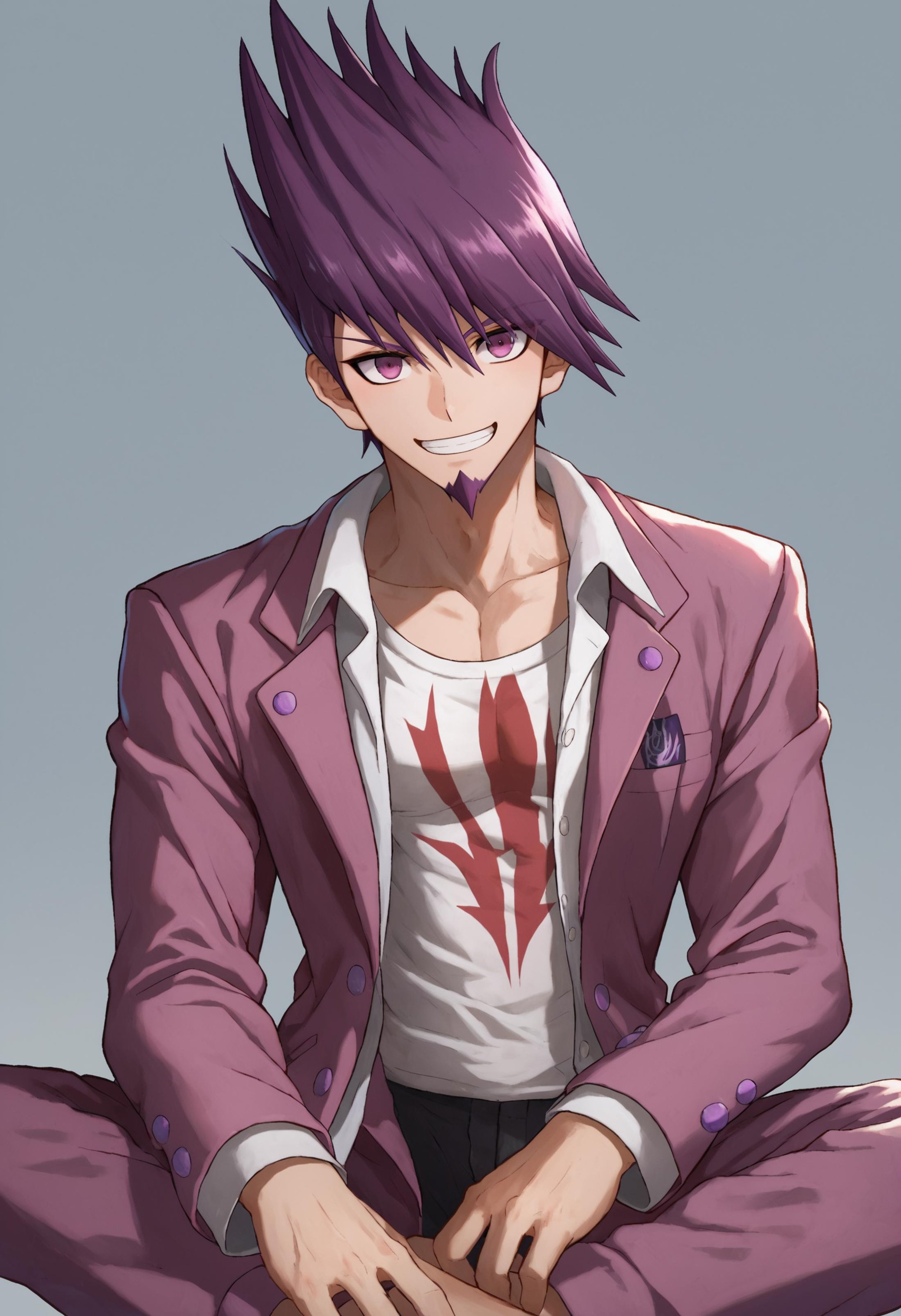 score_9_up score_8_up score_7_up, sitting, smile, looking at viewer, simple backgroundBREAKmomota kaito default, 1boy, facial hair, goatee, spiked hair, purple eyes, purple hair, bangs, short hair, beard, shirt, jacket, jacket on shoulders, print shirt, pants, open clothes, white shirt, open shirt, long sleeves, open jacket <lora:danganranpa_v3_pony_d16:1>