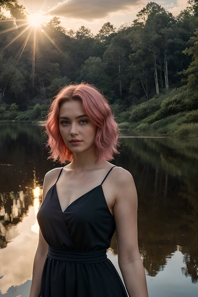 Best work, (Best quality, ,HDR, 8k, 32k, raw photo, photorealistic, UHD:1.2), beautiful 20 year old girl in long black dress at the lakeside in a forest, eyes, pink hair, detailed face, perfect face, pond, dark sky, lights in the background, realism, red sky, detailed sky, realistic clouds, sun, bright environment, late afternoon, sun rays in the clouds