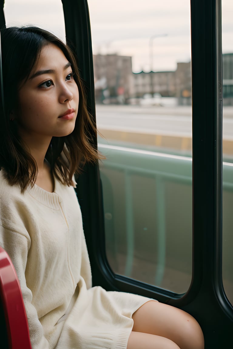 cute girl sitting on a bus, natural lighting from window, 35mm lens, soft and subtle lighting, girl centered in frame, shoot from eye level, incorporate cool and calming colors