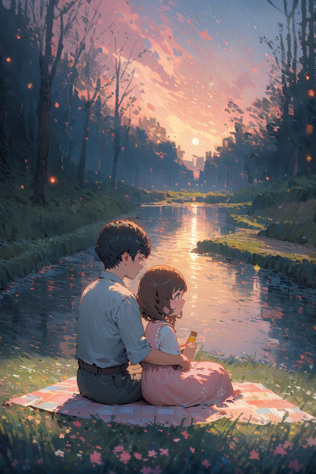 By Van Gogh, sunshine spring with many sakura trees, oil painting, highly detailed, sharpness, dynamic lighting, super detailing, van gogh sight background, painterley effect, post impressionism, ,oil painting, 2d-dimension_animated, masterpiece, cartoon, 1boy with black short hair, 1girl with brown long hair, pink vintage dress sitting together, having picnic at grass,children's picture books