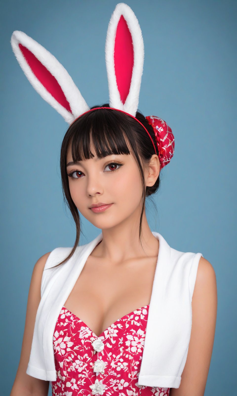 score_9,score_8_up,score_7_up, source_hubg, photorealistic,Extremely Realistic,in depth,cinematic light,hubggirl,

BREAK 
hubggirl, red eyes, black hair, hair bun with accessories, traditional East Asian attire, rabbit ears headpiece, black and teal clothing, cloud pattern on garment, mystical, two black rabbits, one on shoulder and one in foreground, pale skin, blush on cheeks, serious expression, white background, portrait, upper body shot, artful composition, detailed line art, vibrant color contrast, 

BREAK 
perfect hands, perfect lighting, vibrant colors, intricate details, high detailed skin, intricate background, 
realistic, raw, analog, taken by Canon EOS,SIGMA Art Lens 35mm F1.4,ISO 200 Shutter Speed 2000,Vivid picture,More Reasonable Details