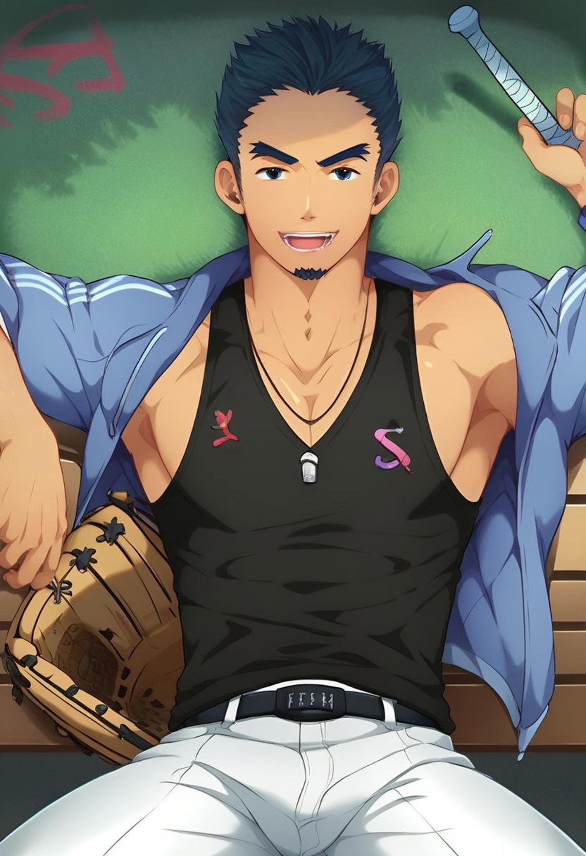 Score_9, Score_8_up, Score_7_up, masterpiece, best quality, many details, 1boy, genji_tadano, smile, male focus, with a baseball bat, in a park, jacket, diagonal pov, black tank top, shading, detailed shading, detailed skin, shaded skin, realistic shading, expressive, countershading: 1.1, open air, white pants, open eyes,