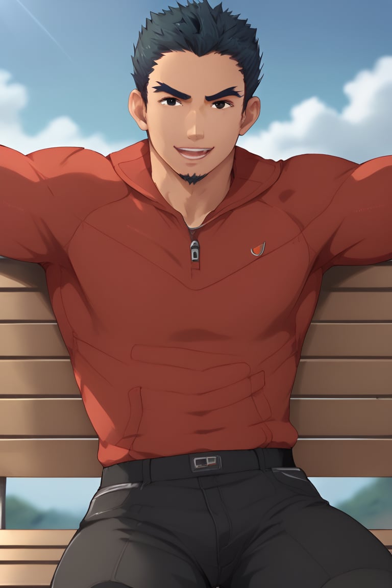 score_9, score_8_up, score_7_up, masterpiece, best quality, lots of details, close-up, ((Man)), Genji Tendo, solo, muscular, black eyes, mouth open, light smile, male focus, sitting, on bench, looking at viewer, black pants, red shirt, , long sleeves, shaded, detailed shading, detailed skin, shaded skin, realistic shading, Expressiveh, countershading:1.1, outdoors