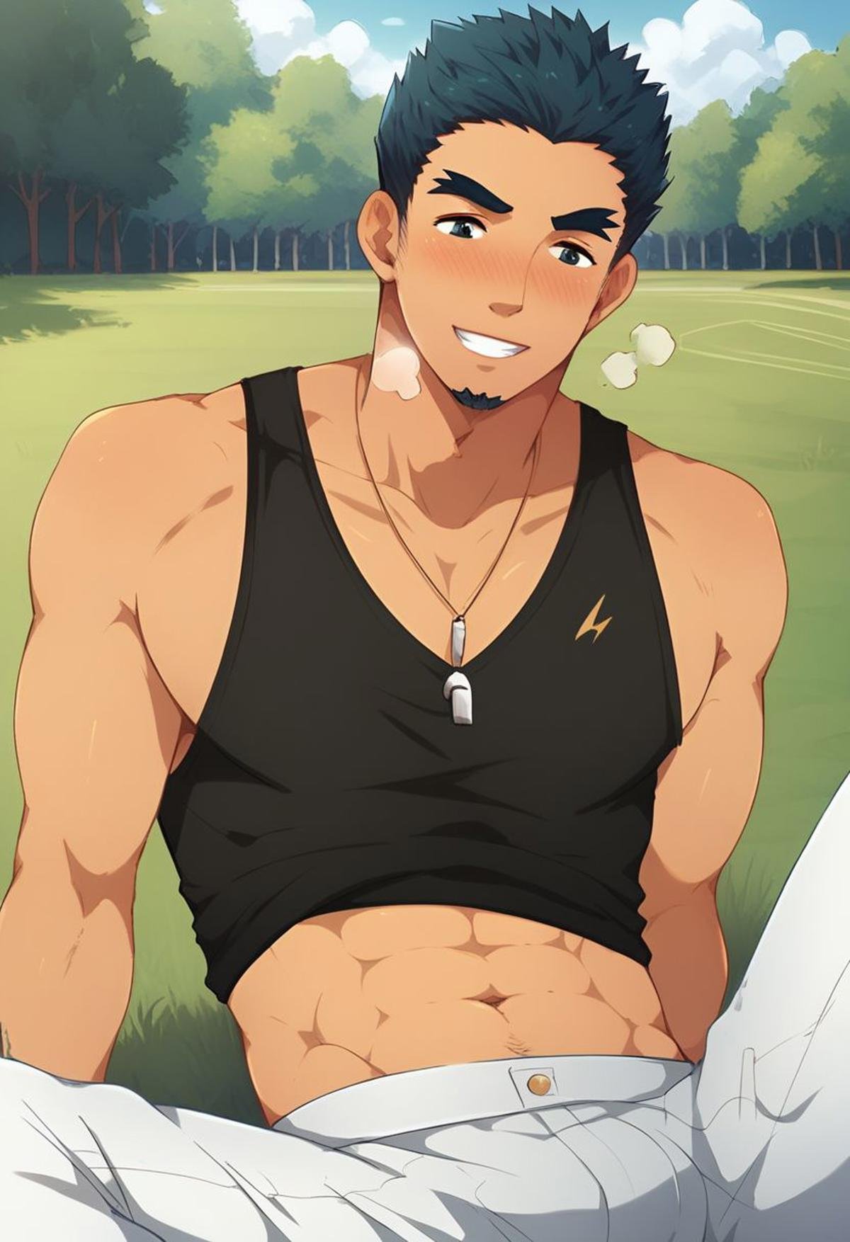 score_9, score_8_up, score_7_up, masterpiece, best quality, lots of details, 1boy, genji_tadano, smile, heavy breathing, male focus, belly button, sitting on grass, portrait, black tank top, shaded, detailed shading, detailed skin, shaded skin, realistic shading, Expressiveh, countershading: 1.1, outdoors, ,  white pants, open eyes, blushing