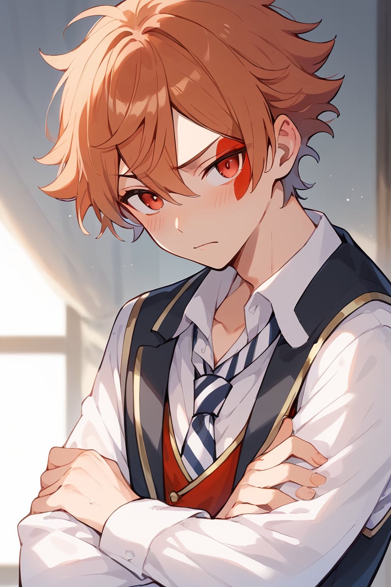 (score_9,score_8_up,score_7_up,score_6_up,score_5_up,score_4_up), best quality,masterpiece, 1boy, male focus, ace_trappola, terracotta hair, red eyes, make up, face paint on left eye, school uniform, vest, shirt, open jacket, looking at viewer, crossed arms, blush, upper body, close up