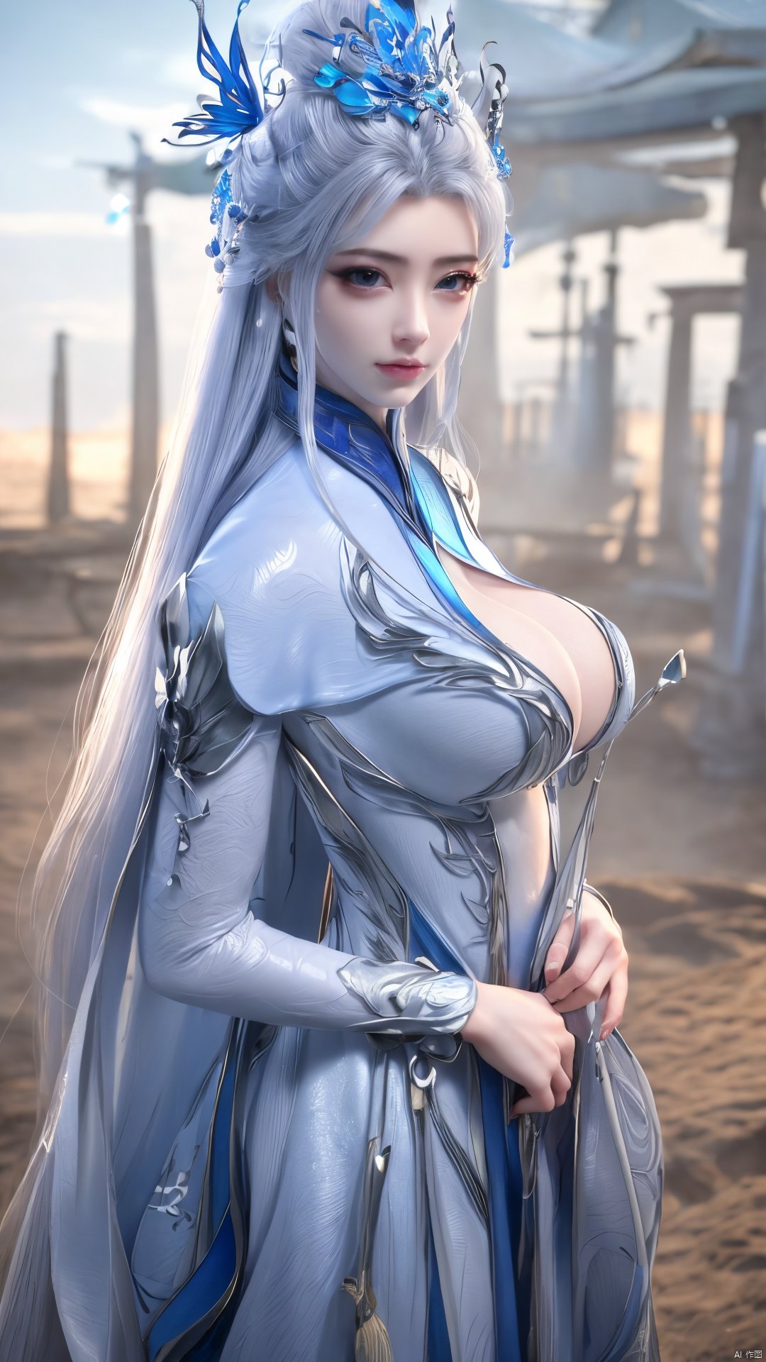 1girl,blue eyes,long white hair,silver crown,armor,headwear,gufeng,half body photo,petal,real,photo realistic,highly detailed,(masterpiece),(high quality),best quality,super detailed,full detail,4k,8k,Xningyudie, Water_butterfly, desert_sky, hanfu, Yunxiao_Fairy,(big_breasts:1.29)