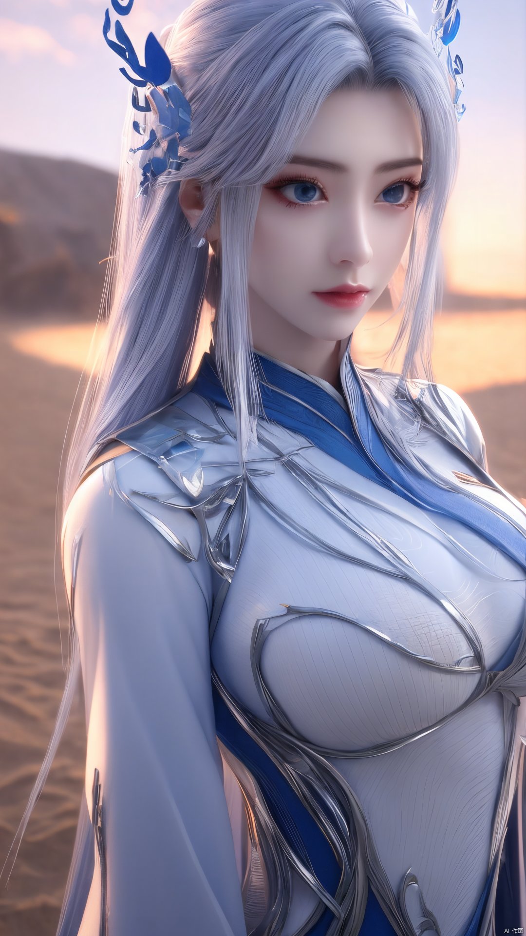 1girl,blue eyes,long white hair,silver crown,armor,headwear,gufeng,half body photo,petal,real,photo realistic,highly detailed,(masterpiece),(high quality),best quality,super detailed,full detail,4k,8k,Xningyudie, Water_butterfly, desert_sky, hanfu, Yunxiao_Fairy,(big_breasts:1.29)