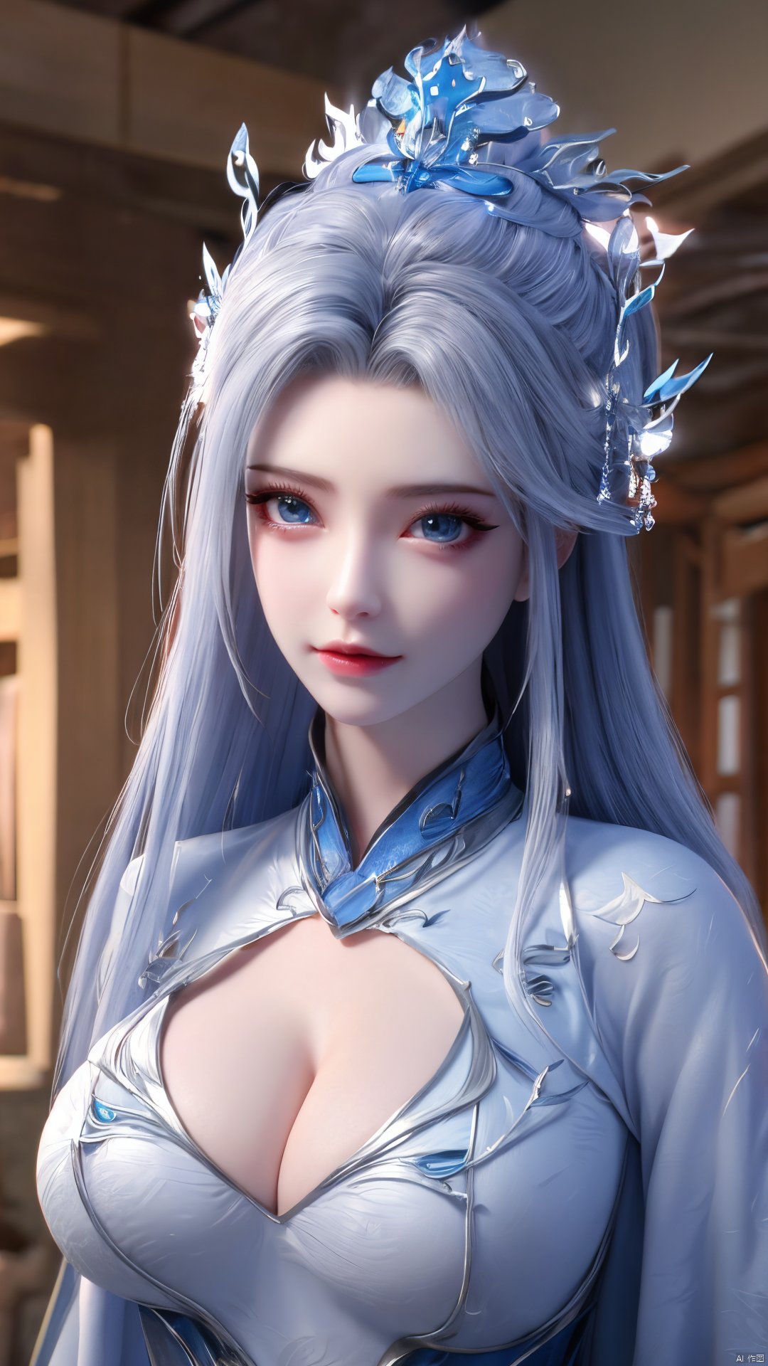 1girl,blue eyes,long white hair,silver crown,armor,headwear,gufeng,half body photo,petal,real,photo realistic,highly detailed,(masterpiece),(high quality),best quality,super detailed,full detail,4k,8k,Xningyudie, Water_butterfly, desert_sky, hanfu, Yunxiao_Fairy,(big_breasts:1.29)