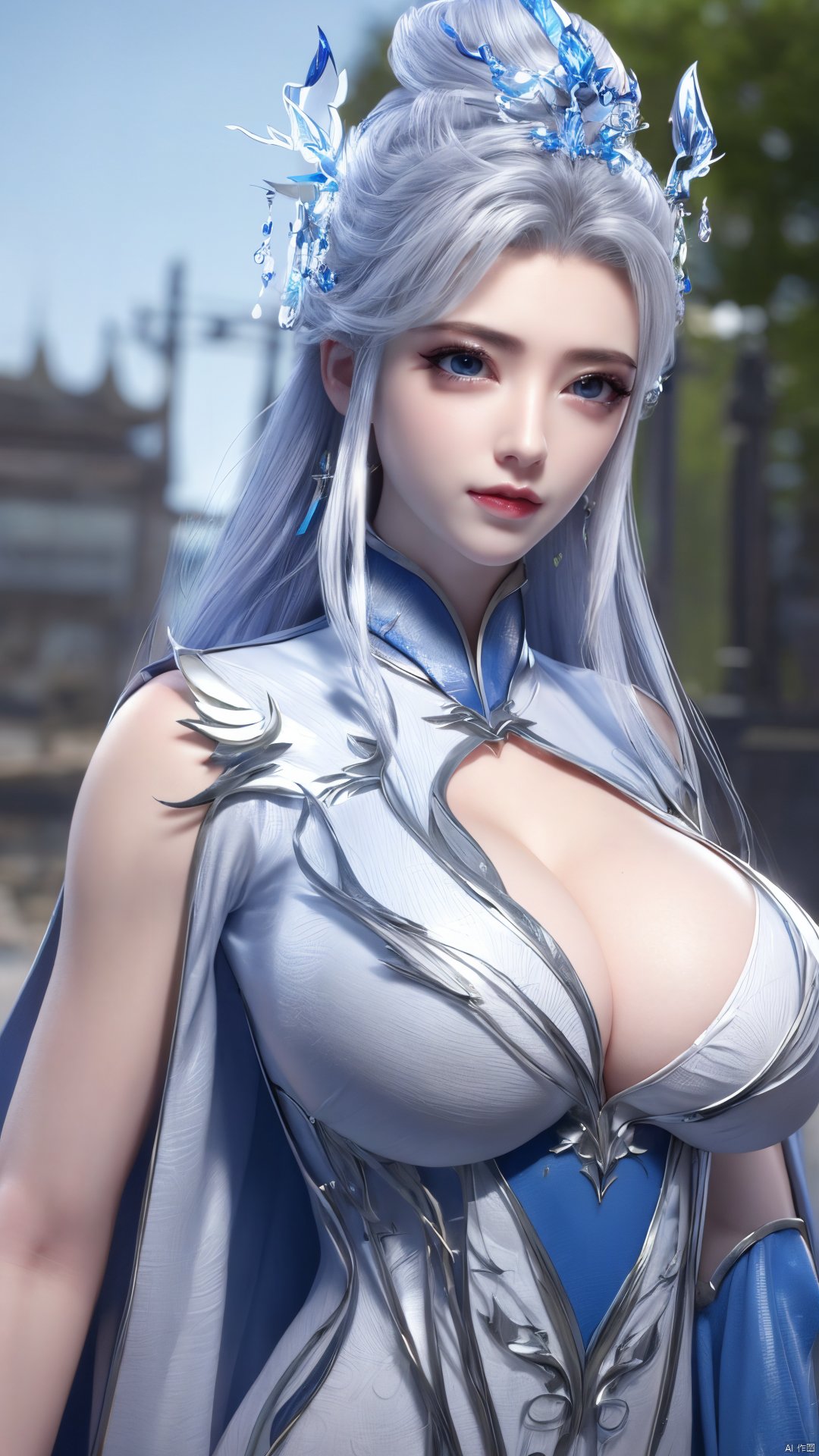 1girl,blue eyes,long white hair,silver crown,armor,headwear,gufeng,half body photo,petal,real,photo realistic,highly detailed,(masterpiece),(high quality),best quality,super detailed,full detail,4k,8k,Xningyudie, Water_butterfly, desert_sky, hanfu, Yunxiao_Fairy,(big_breasts:1.29)