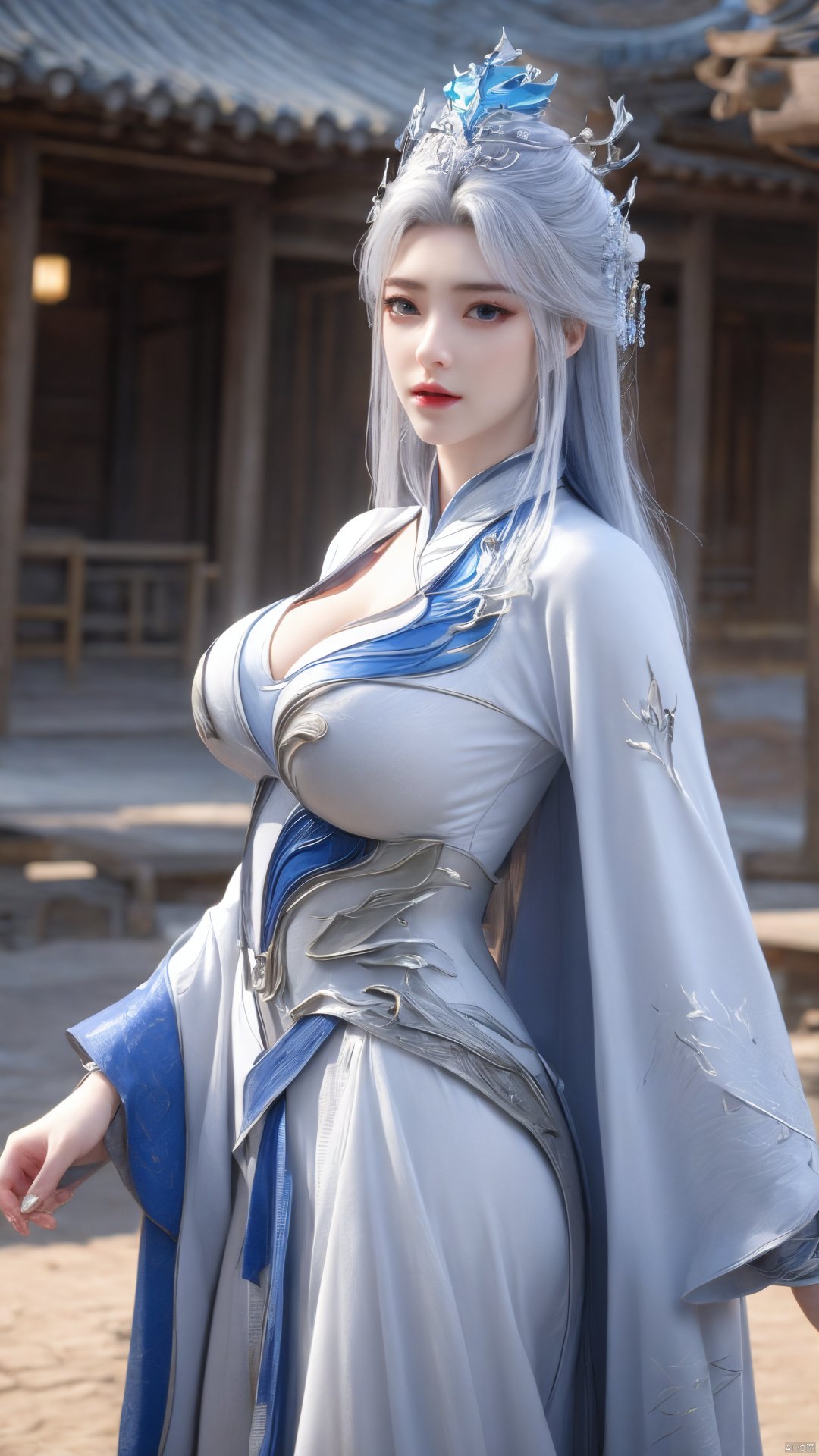 1girl,blue eyes,long white hair,silver crown,armor,headwear,gufeng,half body photo,petal,real,photo realistic,highly detailed,(masterpiece),(high quality),best quality,super detailed,full detail,4k,8k,Xningyudie, Water_butterfly, desert_sky, hanfu, Yunxiao_Fairy,(big_breasts:1.29)