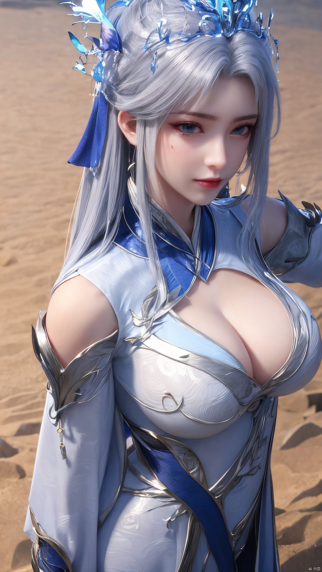 1girl,blue eyes,long white hair,silver crown,armor,headwear,gufeng,half body photo,petal,real,photo realistic,highly detailed,(masterpiece),(high quality),best quality,super detailed,full detail,4k,8k,Xningyudie, Water_butterfly, desert_sky, hanfu, Yunxiao_Fairy,(big_breasts:1.29)