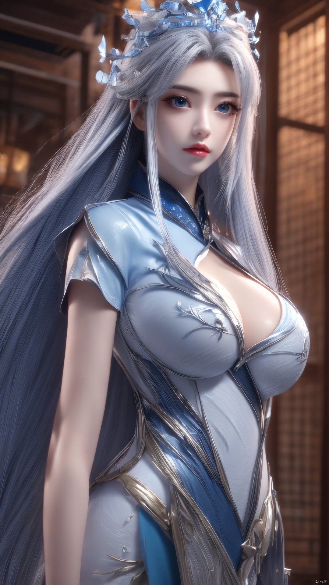 1girl,blue eyes,long white hair,silver crown,armor,headwear,gufeng,half body photo,petal,real,photo realistic,highly detailed,(masterpiece),(high quality),best quality,super detailed,full detail,4k,8k,Xningyudie, Water_butterfly, desert_sky, hanfu, Yunxiao_Fairy,(big_breasts:1.29)