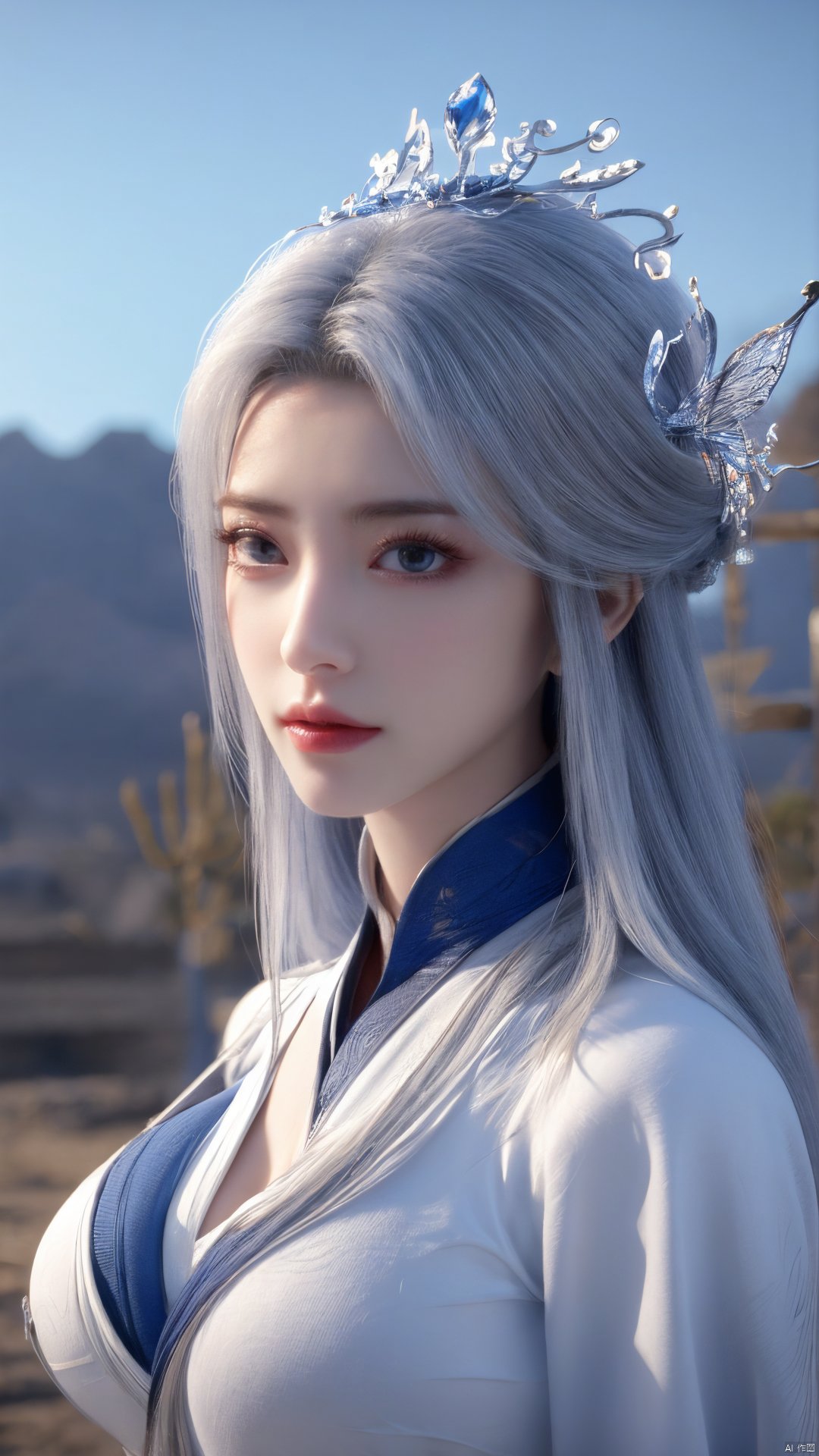 1girl,blue eyes,long white hair,silver crown,armor,headwear,gufeng,half body photo,petal,real,photo realistic,highly detailed,(masterpiece),(high quality),best quality,super detailed,full detail,4k,8k,Xningyudie, Water_butterfly, desert_sky, hanfu, Yunxiao_Fairy,(big_breasts:1.29)