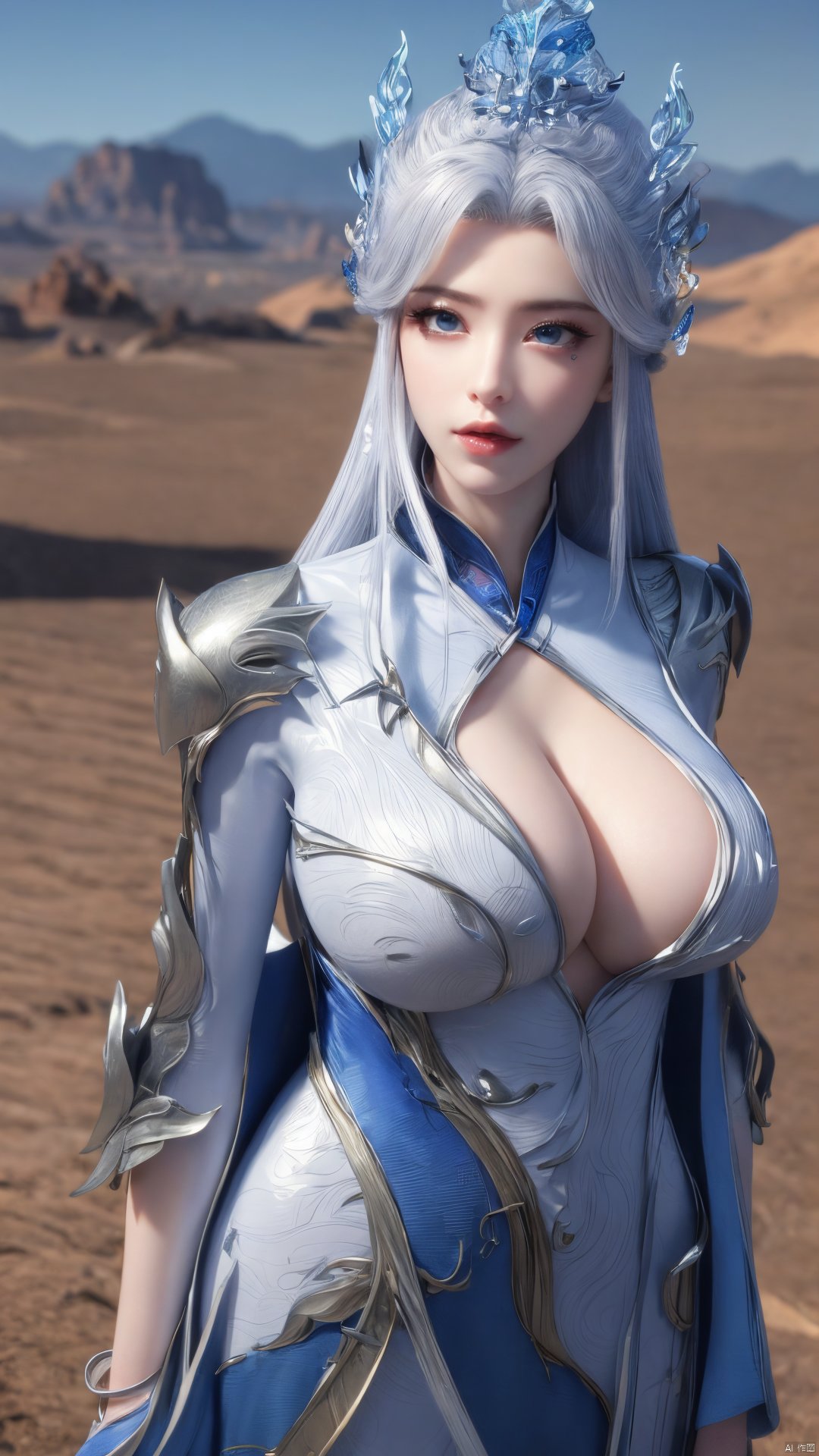 1girl,blue eyes,long white hair,silver crown,armor,headwear,gufeng,half body photo,petal,real,photo realistic,highly detailed,(masterpiece),(high quality),best quality,super detailed,full detail,4k,8k,Xningyudie, Water_butterfly, desert_sky, hanfu, Yunxiao_Fairy,(big_breasts:1.29)