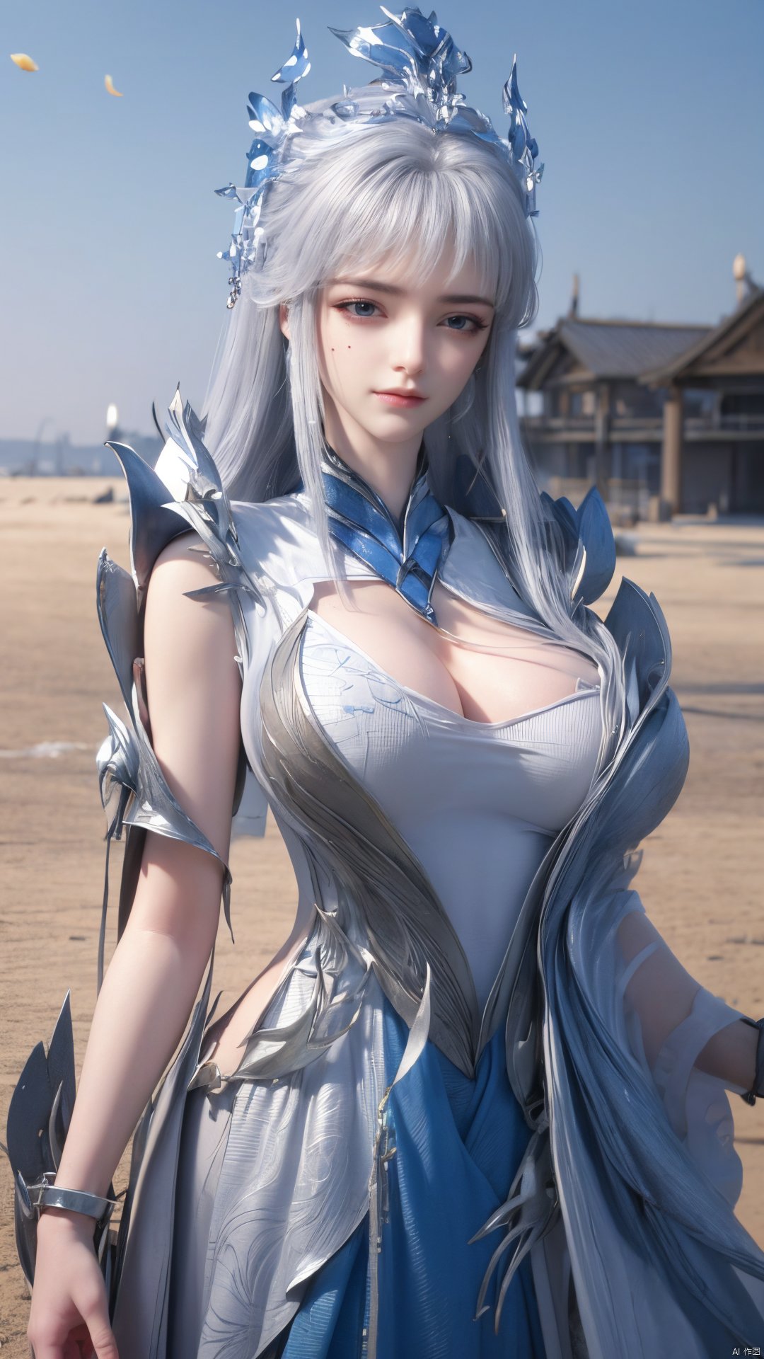 1girl,blue eyes,long white hair,silver crown,armor,headwear,gufeng,half body photo,petal,real,photo realistic,highly detailed,(masterpiece),(high quality),best quality,super detailed,full detail,4k,8k,Xningyudie, Water_butterfly, desert_sky, hanfu, Yunxiao_Fairy,(big_breasts:1.29)