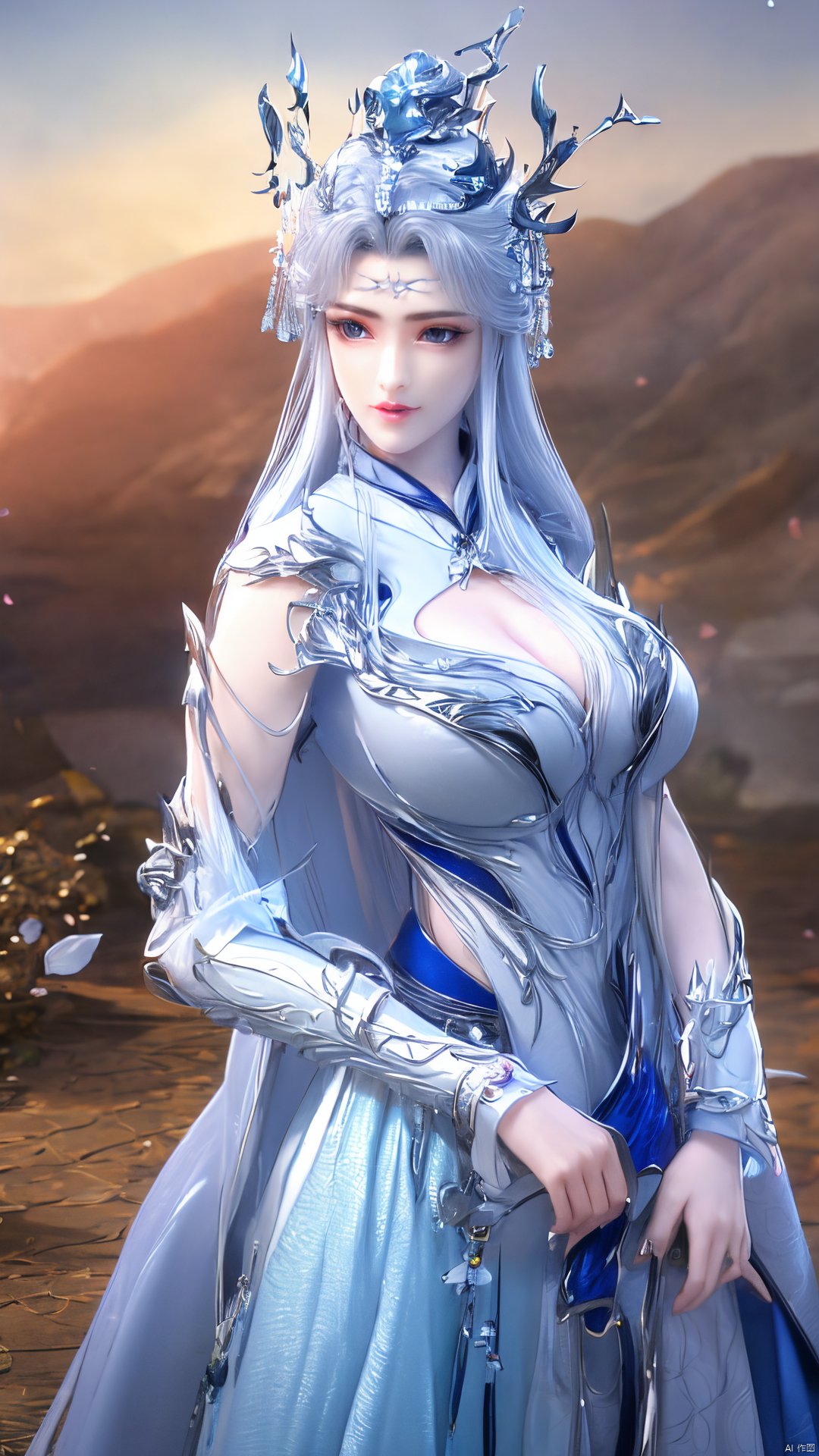 1girl,blue eyes,long white hair,silver crown,armor,headwear,gufeng,half body photo,petal,real,photo realistic,highly detailed,(masterpiece),(high quality),best quality,super detailed,full detail,4k,8k,Xningyudie, Water_butterfly, desert_sky, hanfu, Yunxiao_Fairy,(big_breasts:1.29)