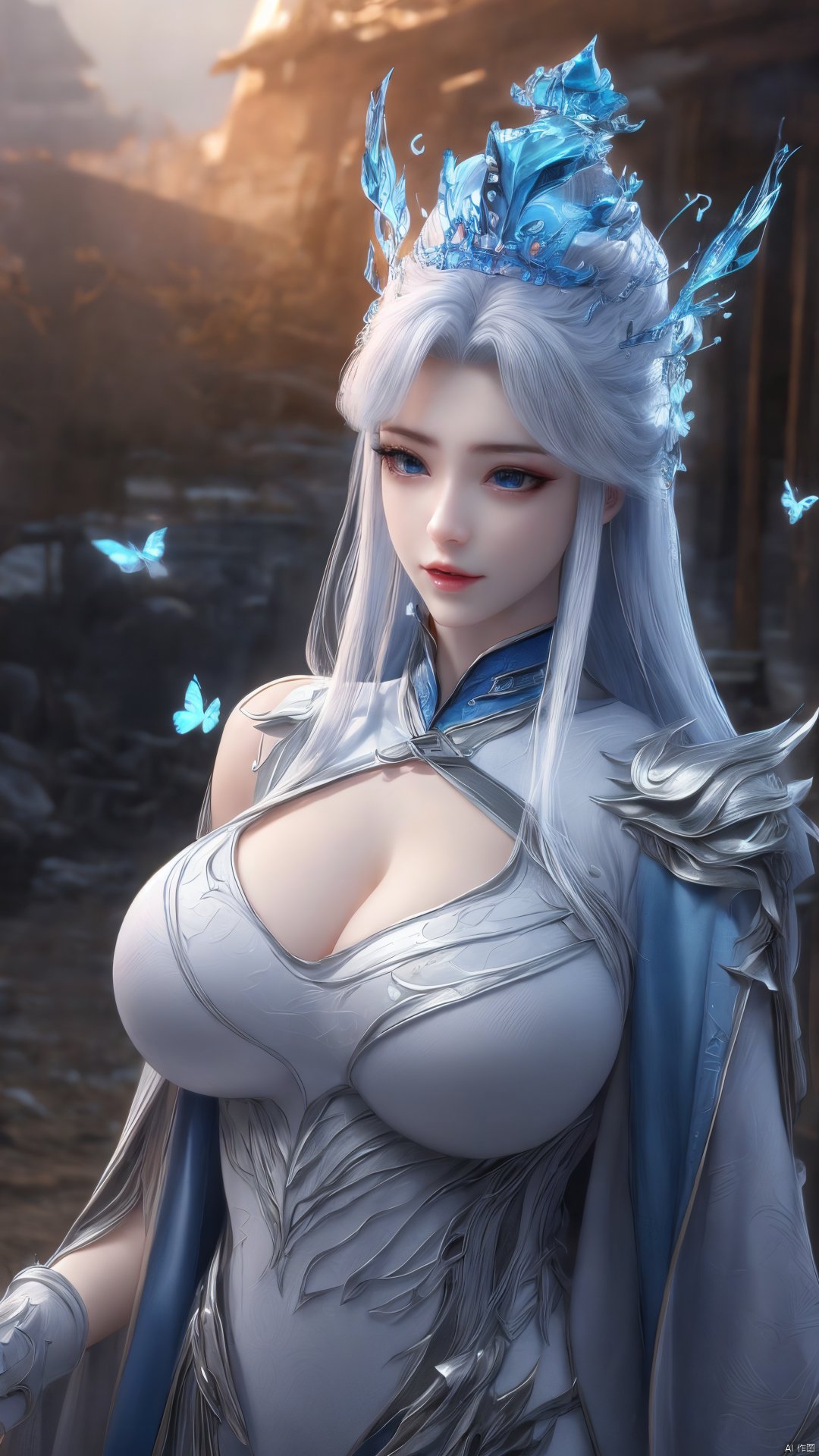 1girl,blue eyes,long white hair,silver crown,armor,headwear,gufeng,half body photo,petal,real,photo realistic,highly detailed,(masterpiece),(high quality),best quality,super detailed,full detail,4k,8k,Xningyudie, Water_butterfly, desert_sky, hanfu, Yunxiao_Fairy,(big_breasts:1.29)