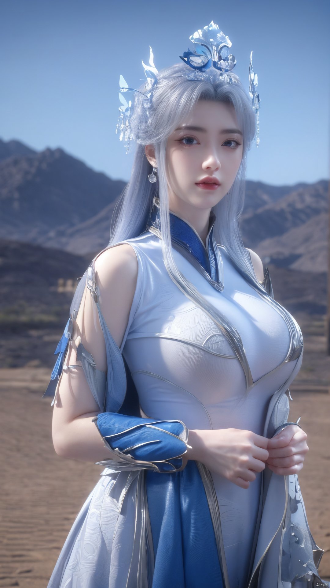 1girl,blue eyes,long white hair,silver crown,armor,headwear,gufeng,half body photo,petal,real,photo realistic,highly detailed,(masterpiece),(high quality),best quality,super detailed,full detail,4k,8k,Xningyudie, Water_butterfly, desert_sky, hanfu, Yunxiao_Fairy,(big_breasts:1.29)