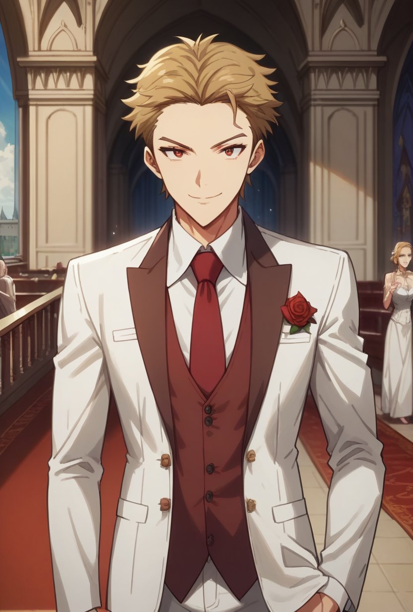 (score_9, score_8_up:1.1), score_7_up,ijuin kaoru, 1boy, solo, dark blonde hair, red eyes, swept back hair, white suit, rose, red necktie, vest, white pants, flashing smile, v, sparkles, palace, indoors, looking at viewer, cowboy shot