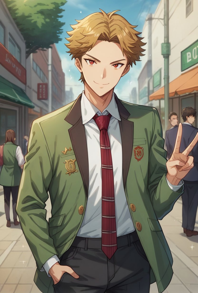 (score_9, score_8_up:1.1), score_7_up, ijuin kaoru, 1boy, solo, dark blonde hair, red eyes, parted bangs, school uniform, green jacket, red necktie, white shirt, dark pants, flashing smile, v, sparkles, school, outside, looking at viewer, cowboy shot