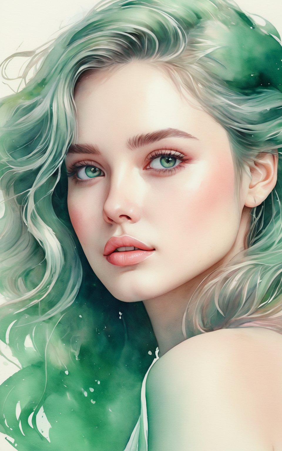 (best quality, 4K, 8K, high-resolution, masterpiece), ultra-detailed, colorful pastel, beautiful young woman, digital art, detailed facial features, light pink tones, emerald tones, charming character illustrations, soft focus, intricate design, gentle expression, ethereal atmosphere, vibrant colors, delicate details, artistic elegance, high detail, high resolution.