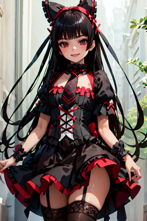 1girl  solo  long hair  looking at viewer  smile  bangs  black hair  red eyes  thighhighs  bow  ribbon  hair ribbon  short sleeves  necktie  puffy sleeves  black thighhighs  blunt bangs  makeup  garter straps  lipstick  lolita fashion  gothic lolita